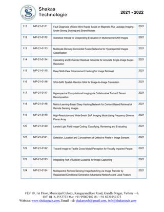 #13/ 19, 1st Floor, Municipal Colony, Kangayanellore Road, Gandhi Nagar, Vellore – 6.
Off: 0416-3552723 Mo: +91 9500218218 / +91 8220150373
Website: www.shakastech.com, Email - id: shakastech@gmail.com, info@shakastech.com
2021 - 2022
111 IMP-21-0111 Fault Diagnosis of Steel Wire Ropes Based on Magnetic Flux Leakage Imaging
Under Strong Shaking and Strand Noises
2021
112 IMP-21-0112 Statistical Indices for Despeckling Evaluation in Multichannel SAR Images 2021
113 IMP-21-0113 Multiscale Densely-Connected Fusion Networks for Hyperspectral Images
Classification
2021
114 IMP-21-0114 Cascading and Enhanced Residual Networks for Accurate Single-Image Super-
Resolution
2021
115 IMP-21-0115 Deep Multi-View Enhancement Hashing for Image Retrieval 2021
116 IMP-21-0116 SPA-GAN: Spatial Attention GAN for Image-to-Image Translation 2021
117 IMP-21-0117 Hyperspectral Computational Imaging via Collaborative Tucker3 Tensor
Decomposition
2021
118 IMP-21-0118 Metric-Learning-Based Deep Hashing Network for Content-Based Retrieval of
Remote Sensing Images
2021
119 IMP-21-0119 High-Resolution and Wide-Swath SAR Imaging Mode Using Frequency Diverse
Planar Array
2021
120 IMP-21-0120 Lenslet Light Field Image Coding: Classifying, Reviewing and Evaluating 2021
121 IMP-21-0121 Detection, Location and Concealment of Defective Pixels in Image Sensors 2021
122 IMP-21-0122 Toward Image-to-Tactile Cross-Modal Perception for Visually Impaired People 2021
123 IMP-21-0123 Integrating Part of Speech Guidance for Image Captioning 2021
124 IMP-21-0124 Multispectral Remote Sensing Image Matching via Image Transfer by
Regularized Conditional Generative Adversarial Networks and Local Feature
2021
 