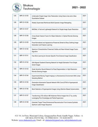 #13/ 19, 1st Floor, Municipal Colony, Kangayanellore Road, Gandhi Nagar, Vellore – 6.
Off: 0416-3552723 Mo: +91 9500218218 / +91 8220150373
Website: www.shakastech.com, Email - id: shakastech@gmail.com, info@shakastech.com
2021 - 2022
125 IMP-21-0125 Underwater Single Image Color Restoration Using Haze-Lines and a New
Quantitative Dataset
2021
126 IMP-21-0126 Weakly Supervised Reinforced Multi-Operator Image Retargeting 2021
127 IMP-21-0127 MADNet: A Fast and Lightweight Network for Single-Image Super Resolution 2021
128 IMP-21-0128 Cross-Scale Feature Fusion for Object Detection in Optical Remote Sensing
Images
2021
129 IMP-21-0129 Pose-Normalized and Appearance-Preserved Street-to-Shop Clothing Image
Generation and Feature Learning
2021
130 IMP-21-0130 Spectrum Characteristics Preserved Visible and Near-Infrared Image Fusion
Algorithm
2021
131 IMP-21-0131 Few-Shot Learning for Domain-Specific Fine-Grained Image Classification 2021
132 IMP-21-0132 Soft-Aligned Gradient-Chaining Network for Height Estimation From Single
Aerial Images
2021
133 IMP-21-0133 Scale Sensitive Neural Network for Road Segmentation in High-Resolution
Remote Sensing Images
2021
134 IMP-21-0134 Experimental Moving Target Imaging in a Nonanechoic Environment With Linear
Sampling Method
2021
135 IMP-21-0135 Generative Adversarial Capsule Network With ConvLSTM for Hyperspectral
Image Classification
2021
136 IMP-21-0136 Band Selection of Hyperspectral Images Using Attention-Based Autoencoders 2021
137 IMP-21-0137 Transforming UTE-mDixon MR Abdomen-Pelvis Images Into CT by Jointly
Leveraging Prior Knowledge and Partial Supervision
2021
138 IMP-21-0138 Extended Target Three-Dimensional Reconstruction From Inverse Synthetic
Aperture Ladar Image Sequence
2021
 