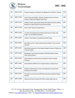 #13/ 19, 1st Floor, Municipal Colony, Kangayanellore Road, Gandhi Nagar, Vellore – 6.
Off: 0416-3552723 Mo: +91 9500218218 / +91 8220150373
Website: www.shakastech.com, Email - id: shakastech@gmail.com, info@shakastech.com
2021 - 2022
195 IMP-21-0195 The Role of Imaging in the Detection and Management of COVID-19: A Review 2021
196 IMP-21-0196 A Novel Theranostic Platform: Integration of Magnetomotive and Thermal
Ultrasound Imaging With Magnetic Hyperthermia
2021
197 IMP-21-0197 SCAttNet: Semantic Segmentation Network With Spatial and Channel Attention
Mechanism for High-Resolution Remote Sensing Images
2021
198 IMP-21-0198 Deep Transfer Hashing for Image Retrieval 2021
199 IMP-21-0199 A Transfer Learning Based Super-Resolution Microscopy for Biopsy Slice
Images: The Joint Methods Perspective
2021
200 IMP-21-0200 Hardware Trojan Detection Using Backside Optical Imaging 2021
201 IMP-21-0201 Semi-Reference Sonar Image Quality Assessment Based on Task and Visual
Perception
2021
202 IMP-21-0202 Blind Quality Assessment for Tone-Mapped Images by Analysis of Gradient and
Chromatic Statistics
2021
203 IMP-21-0203 Multialgorithm Fusion Image Processing for High Speed Railway Dropper
Failure–Defect Detection
2021
204 IMP-21-0204 Explicit Filterbank Learning for Neural Image Style Transfer and Image
Processing
2021
205 IMP-21-0205 Pseudo Multi-Port SRAM Circuit for Image Processing in Display Drivers 2021
206 IMP-21-0206 Weighted LIC-Based Structure Tensor With Application to Image Content
Perception and Processing
2021
207 IMP-21-0207 Processing of Circular-Scanning SAR Data Using Deramping-Based Imaging
Approach
2021
208 IMP-21-0208 Utilizing Two-Phase Processing With FBLS for Single Image Deraining 2021
 