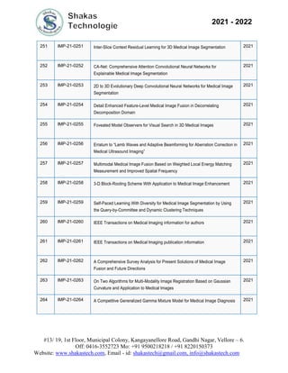 #13/ 19, 1st Floor, Municipal Colony, Kangayanellore Road, Gandhi Nagar, Vellore – 6.
Off: 0416-3552723 Mo: +91 9500218218 / +91 8220150373
Website: www.shakastech.com, Email - id: shakastech@gmail.com, info@shakastech.com
2021 - 2022
251 IMP-21-0251 Inter-Slice Context Residual Learning for 3D Medical Image Segmentation 2021
252 IMP-21-0252 CA-Net: Comprehensive Attention Convolutional Neural Networks for
Explainable Medical Image Segmentation
2021
253 IMP-21-0253 2D to 3D Evolutionary Deep Convolutional Neural Networks for Medical Image
Segmentation
2021
254 IMP-21-0254 Detail Enhanced Feature-Level Medical Image Fusion in Decorrelating
Decomposition Domain
2021
255 IMP-21-0255 Foveated Model Observers for Visual Search in 3D Medical Images 2021
256 IMP-21-0256 Erratum to “Lamb Waves and Adaptive Beamforming for Aberration Correction in
Medical Ultrasound Imaging”
2021
257 IMP-21-0257 Multimodal Medical Image Fusion Based on Weighted Local Energy Matching
Measurement and Improved Spatial Frequency
2021
258 IMP-21-0258 3-D Block-Rooting Scheme With Application to Medical Image Enhancement 2021
259 IMP-21-0259 Self-Paced Learning With Diversity for Medical Image Segmentation by Using
the Query-by-Committee and Dynamic Clustering Techniques
2021
260 IMP-21-0260 IEEE Transactions on Medical Imaging information for authors 2021
261 IMP-21-0261 IEEE Transactions on Medical Imaging publication information 2021
262 IMP-21-0262 A Comprehensive Survey Analysis for Present Solutions of Medical Image
Fusion and Future Directions
2021
263 IMP-21-0263 On Two Algorithms for Multi-Modality Image Registration Based on Gaussian
Curvature and Application to Medical Images
2021
264 IMP-21-0264 A Competitive Generalized Gamma Mixture Model for Medical Image Diagnosis 2021
 