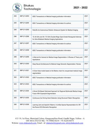 #13/ 19, 1st Floor, Municipal Colony, Kangayanellore Road, Gandhi Nagar, Vellore – 6.
Off: 0416-3552723 Mo: +91 9500218218 / +91 8220150373
Website: www.shakastech.com, Email - id: shakastech@gmail.com, info@shakastech.com
2021 - 2022
293 IMP-21-0293 IEEE Transactions on Medical Imaging publication information 2021
294 IMP-21-0294 IEEE Transactions on Medical Imaging information for authors 2021
295 IMP-21-0295 RobUSt–An Autonomous Robotic Ultrasound System for Medical Imaging 2021
296 IMP-21-0296 15–40 GHz and 40–110 GHz Double-Ridge Open-Ended Waveguide Antennas
for Ultra-Wideband Medical Imaging Applications
2021
297 IMP-21-0297 IEEE Transactions on Medical Imaging information for authors 2021
298 IMP-21-0298 IEEE Transactions on Medical Imaging publication information 2021
299 IMP-21-0299 U-Net and Its Variants for Medical Image Segmentation: A Review of Theory and
Applications
2021
300 IMP-21-0300 Deep Neural Architectures for Medical Image Semantic Segmentation: Review 2021
301 IMP-21-0301 A Chan-Vese model based on the Markov chain for unsupervised medical image
segmentation
2021
302 IMP-21-0302 IEEE Transactions on Medical Imaging publication information 2021
303 IMP-21-0303 IEEE Transactions on Medical Imaging information for authors 2021
304 IMP-21-0304 A Novel GA-Based Optimized Approach for Regional Multimodal Medical Image
Fusion With Superpixel Segmentation
2021
305 IMP-21-0305 Continuous Car Driving Intent Detection Using Structural Pattern Recognition 2021
306 IMP-21-0306 Learning Joint and Specific Patterns: A Unified Sparse Representation for Off-
the-Person ECG Biometric Recognition
2021
 