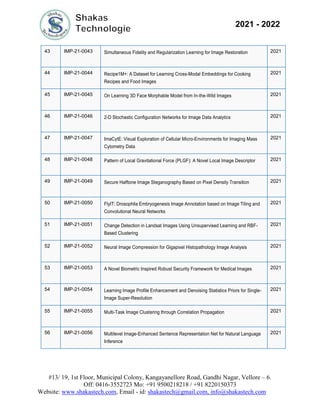 #13/ 19, 1st Floor, Municipal Colony, Kangayanellore Road, Gandhi Nagar, Vellore – 6.
Off: 0416-3552723 Mo: +91 9500218218 / +91 8220150373
Website: www.shakastech.com, Email - id: shakastech@gmail.com, info@shakastech.com
2021 - 2022
43 IMP-21-0043 Simultaneous Fidelity and Regularization Learning for Image Restoration 2021
44 IMP-21-0044 Recipe1M+: A Dataset for Learning Cross-Modal Embeddings for Cooking
Recipes and Food Images
2021
45 IMP-21-0045 On Learning 3D Face Morphable Model from In-the-Wild Images 2021
46 IMP-21-0046 2-D Stochastic Configuration Networks for Image Data Analytics 2021
47 IMP-21-0047 ImaCytE: Visual Exploration of Cellular Micro-Environments for Imaging Mass
Cytometry Data
2021
48 IMP-21-0048 Pattern of Local Gravitational Force (PLGF): A Novel Local Image Descriptor 2021
49 IMP-21-0049 Secure Halftone Image Steganography Based on Pixel Density Transition 2021
50 IMP-21-0050 FlyIT: Drosophila Embryogenesis Image Annotation based on Image Tiling and
Convolutional Neural Networks
2021
51 IMP-21-0051 Change Detection in Landsat Images Using Unsupervised Learning and RBF-
Based Clustering
2021
52 IMP-21-0052 Neural Image Compression for Gigapixel Histopathology Image Analysis 2021
53 IMP-21-0053 A Novel Biometric Inspired Robust Security Framework for Medical Images 2021
54 IMP-21-0054 Learning Image Profile Enhancement and Denoising Statistics Priors for Single-
Image Super-Resolution
2021
55 IMP-21-0055 Multi-Task Image Clustering through Correlation Propagation 2021
56 IMP-21-0056 Multilevel Image-Enhanced Sentence Representation Net for Natural Language
Inference
2021
 