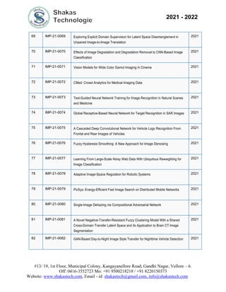 #13/ 19, 1st Floor, Municipal Colony, Kangayanellore Road, Gandhi Nagar, Vellore – 6.
Off: 0416-3552723 Mo: +91 9500218218 / +91 8220150373
Website: www.shakastech.com, Email - id: shakastech@gmail.com, info@shakastech.com
2021 - 2022
69 IMP-21-0069 Exploring Explicit Domain Supervision for Latent Space Disentanglement in
Unpaired Image-to-Image Translation
2021
70 IMP-21-0070 Effects of Image Degradation and Degradation Removal to CNN-Based Image
Classification
2021
71 IMP-21-0071 Vision Models for Wide Color Gamut Imaging in Cinema 2021
72 IMP-21-0072 CMed: Crowd Analytics for Medical Imaging Data 2021
73 IMP-21-0073 Text-Guided Neural Network Training for Image Recognition in Natural Scenes
and Medicine
2021
74 IMP-21-0074 Global Receptive-Based Neural Network for Target Recognition in SAR Images 2021
75 IMP-21-0075 A Cascaded Deep Convolutional Network for Vehicle Logo Recognition From
Frontal and Rear Images of Vehicles
2021
76 IMP-21-0076 Fuzzy Hysteresis Smoothing: A New Approach for Image Denoising 2021
77 IMP-21-0077 Learning From Large-Scale Noisy Web Data With Ubiquitous Reweighting for
Image Classification
2021
78 IMP-21-0078 Adaptive Image-Space Regulation for Robotic Systems 2021
79 IMP-21-0079 PicSys: Energy-Efficient Fast Image Search on Distributed Mobile Networks 2021
80 IMP-21-0080 Single-Image Dehazing via Compositional Adversarial Network 2021
81 IMP-21-0081 A Novel Negative-Transfer-Resistant Fuzzy Clustering Model With a Shared
Cross-Domain Transfer Latent Space and its Application to Brain CT Image
Segmentation
2021
82 IMP-21-0082 GAN-Based Day-to-Night Image Style Transfer for Nighttime Vehicle Detection 2021
 