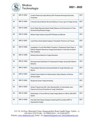 #13/ 19, 1st Floor, Municipal Colony, Kangayanellore Road, Gandhi Nagar, Vellore – 6.
Off: 0416-3552723 Mo: +91 9500218218 / +91 8220150373
Website: www.shakastech.com, Email - id: shakastech@gmail.com, info@shakastech.com
2021 - 2022
83 IMP-21-0083 Content-Preserving Image Stitching With Piecewise Rectangular Boundary
Constraints
2021
84 IMP-21-0084 A Heuristic Neural Network Structure Relying on Fuzzy Logic for Images Scoring 2021
85 IMP-21-0085 Kernel-Ridge Regression-Based Quality Measure and Enhancement of Three-
Dimensional-Synthesized Images
2021
86 IMP-21-0086 Medical Image Analysis Using AM-FM Models and Methods 2021
87 IMP-21-0087 Local Phase Velocity Based Imaging of Viscoelastic Phantoms and Tissues 2021
88 IMP-21-0088 Investigation of Local White Matter Properties in Professional Chess Player: A
Diffusion Magnetic Resonance Imaging Study Based on Automatic Annotation
Fiber Clustering
2021
89 IMP-21-0089 Residual Dense Network for Image Restoration 2021
90 IMP-21-0090 Semisupervised Classification for Hyperspectral Images Using Graph Attention
Networks
2021
91 IMP-21-0091 Physics-Based Generative Adversarial Models for Image Restoration and
Beyond
2021
92 IMP-21-0092 Rotated Feature Network for Multiorientation Object Detection of Remote-
Sensing Images
2021
93 IMP-21-0093 Recaptured Screen Image Demoiréing 2021
94 IMP-21-0094 Genetic Programming With a New Representation to Automatically Learn
Features and Evolve Ensembles for Image Classification
2021
95 IMP-21-0095 DeepImaging: A Ground Moving Target Imaging Based on CNN for SAR-GMTI
System
2021
96 IMP-21-0096 Fast High-Order Sparse Subspace Clustering With Cumulative MRF for
Hyperspectral Images
2021
 