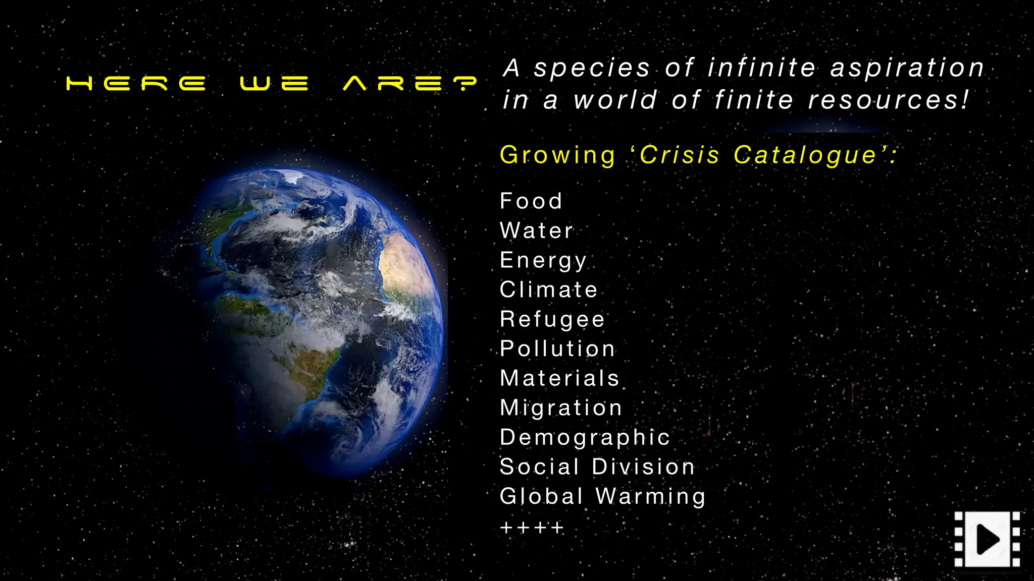 H E R E w e a r e ?
A s pec ies of in fini te aspi ra tion
in a world of fi nite res ourc es!
Growing ‘Crisis Catalogue’:
Fo od
Wat er
En ergy
C l imate
R ef ugee
Po l l utio n
Ma terials
Mi g ratio n
D em og rap hic
So c ial Divisio n
Gl o bal Warming
++++
 