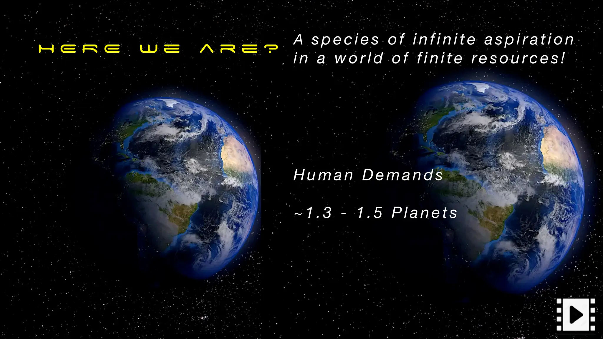H E R E w e a r e ?
A s pec ies of in fini te aspi ra tion
in a world of fi nite res ourc es!
Hum an Dem ands
~1 .3 - 1.5 Pl an ets
 