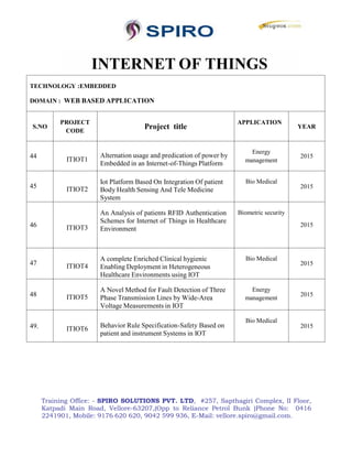 Training Office: - SPIRO SOLUTIONS PVT. LTD, #257, Sapthagiri Complex, II Floor,
Katpadi Main Road, Vellore-63207,(Opp to Reliance Petrol Bunk )Phone No: 0416
2241901, Mobile: 9176 620 620, 9042 599 936, E-Mail: vellore.spiro@gmail.com.
INTERNET OF THINGS
TECHNOLOGY :EMBEDDED
DOMAIN : WEB BASED APPLICATION
S.NO
PROJECT
CODE
Project title
APPLICATION
YEAR
44 ITIOT1
Alternation usage and predication of power by
Embedded in an Internet-of-Things Platform
Energy
management
2015
45 ITIOT2
Iot Platform Based On Integration Of patient
Body Health Sensing And Tele Medicine
System
Bio Medical
2015
46 ITIOT3
An Analysis of patients RFID Authentication
Schemes for Internet of Things in Healthcare
Environment
Biometric security
2015
47 ITIOT4
A complete Enriched Clinical hygienic
Enabling Deployment in Heterogeneous
Healthcare Environments using IOT
Bio Medical
2015
48 ITIOT5
A Novel Method for Fault Detection of Three
Phase Transmission Lines by Wide-Area
Voltage Measurements in IOT
Energy
management
2015
49. ITIOT6 Behavior Rule Specification-Safety Based on
patient and instrument Systems in IOT
Bio Medical
2015
 