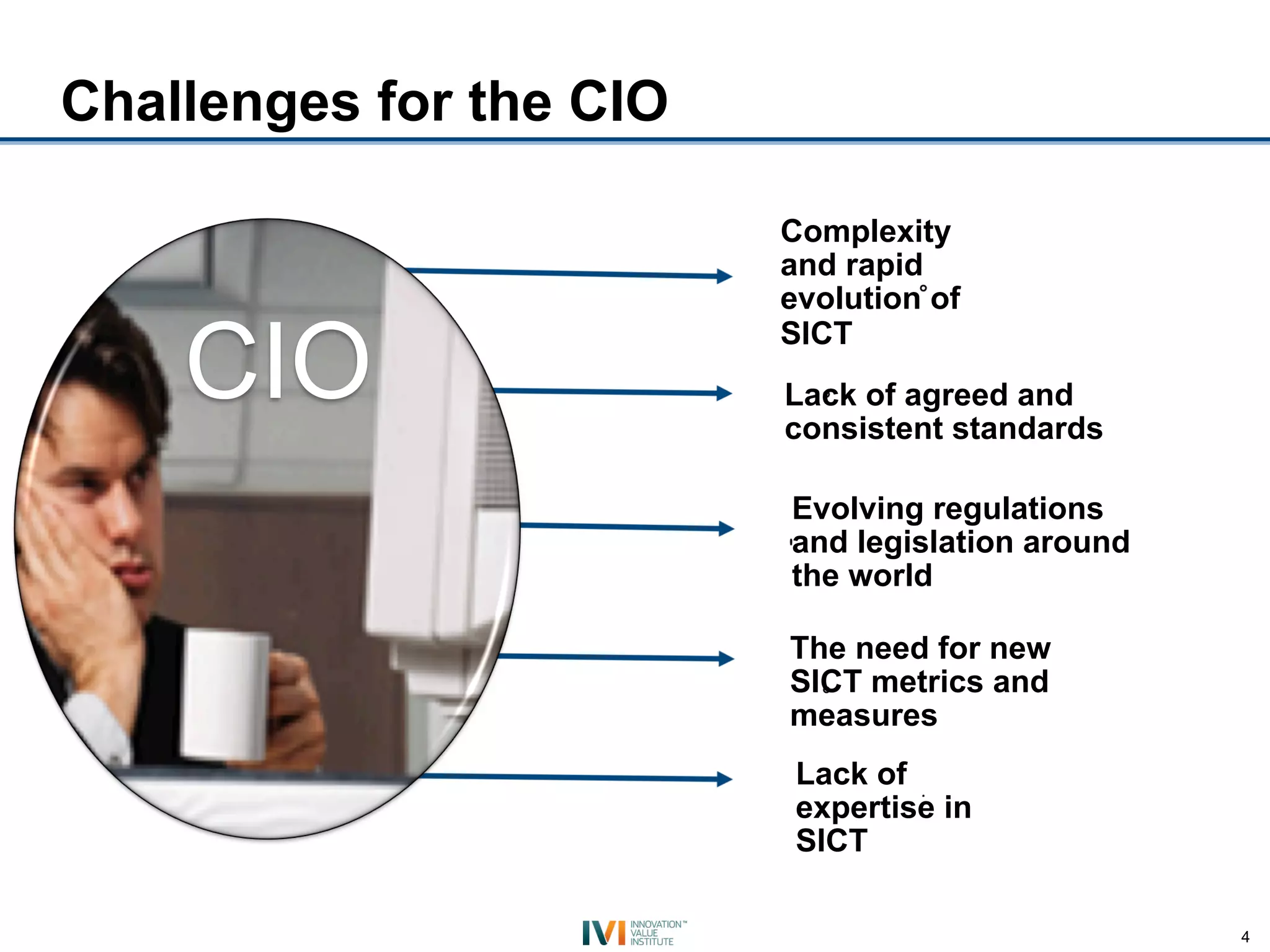 Challenges for the CIO

                         Complexity
                         and rapid
                         evolution of

    CIO
                         SICT
                         Lack of agreed and
                         consistent standards

                         Evolving regulations
                         and legislation around
                         the world

                         The need for new
                         SICT metrics and
                         measures
                          Lack of
                          expertise in
                          SICT

                                                  4
 