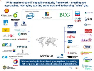 IVI formed to create IT capability maturity framework – creating new
approaches, leveraging existing standards and addressing "value" gap

                 Steering patrons




                                    www.ivi.ie
             IVI membership includes leading enterprises, consulting,
              not-for-profit, government and academic organisations.
 