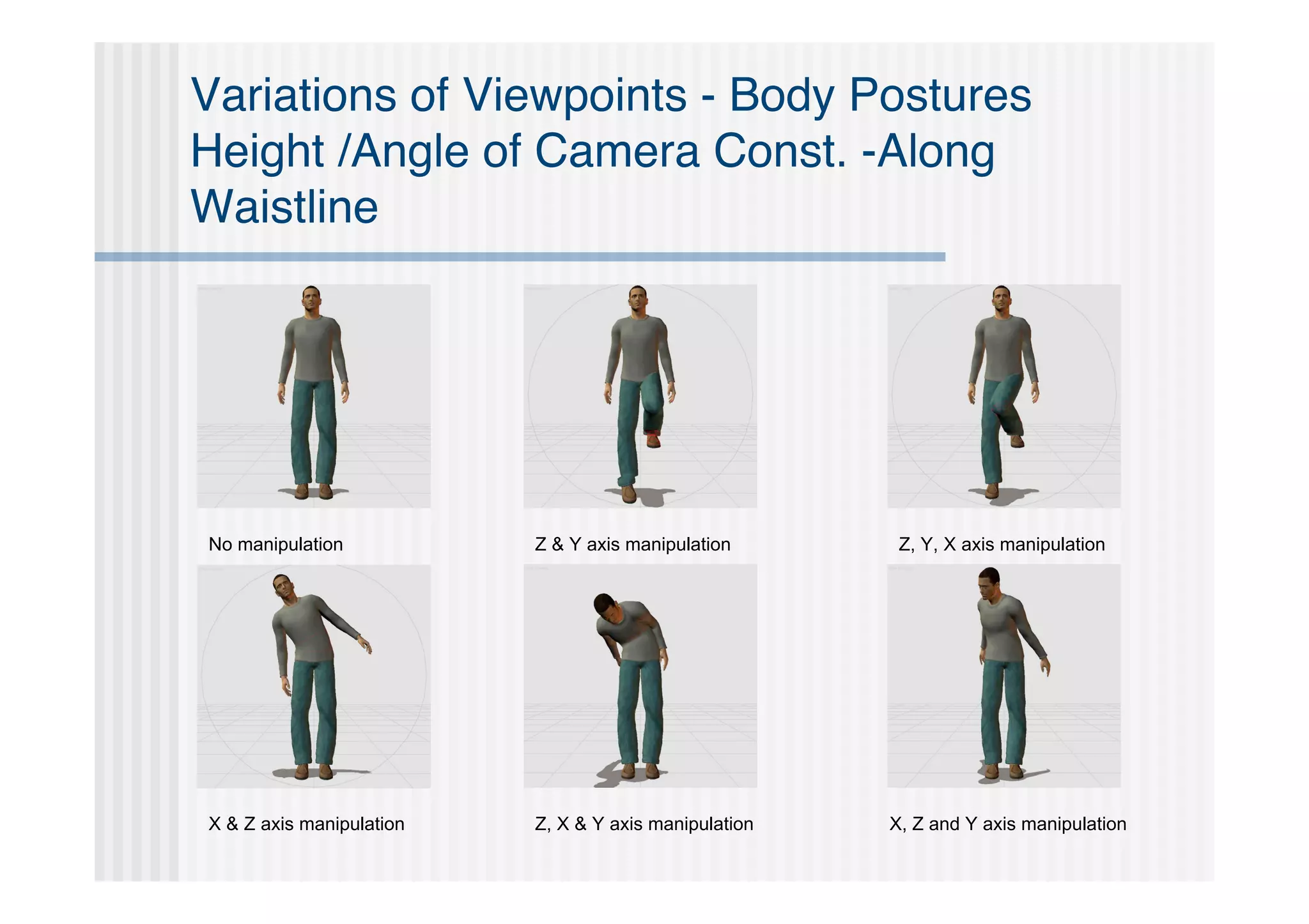 Variations of Viewpoints - Body Postures
Height /Angle of Camera Const. -Along
Waistline




No manipulation           Z & Y axis manipulation       Z, Y, X axis manipulation




X & Z axis manipulation   Z, X & Y axis manipulation   X, Z and Y axis manipulation
 