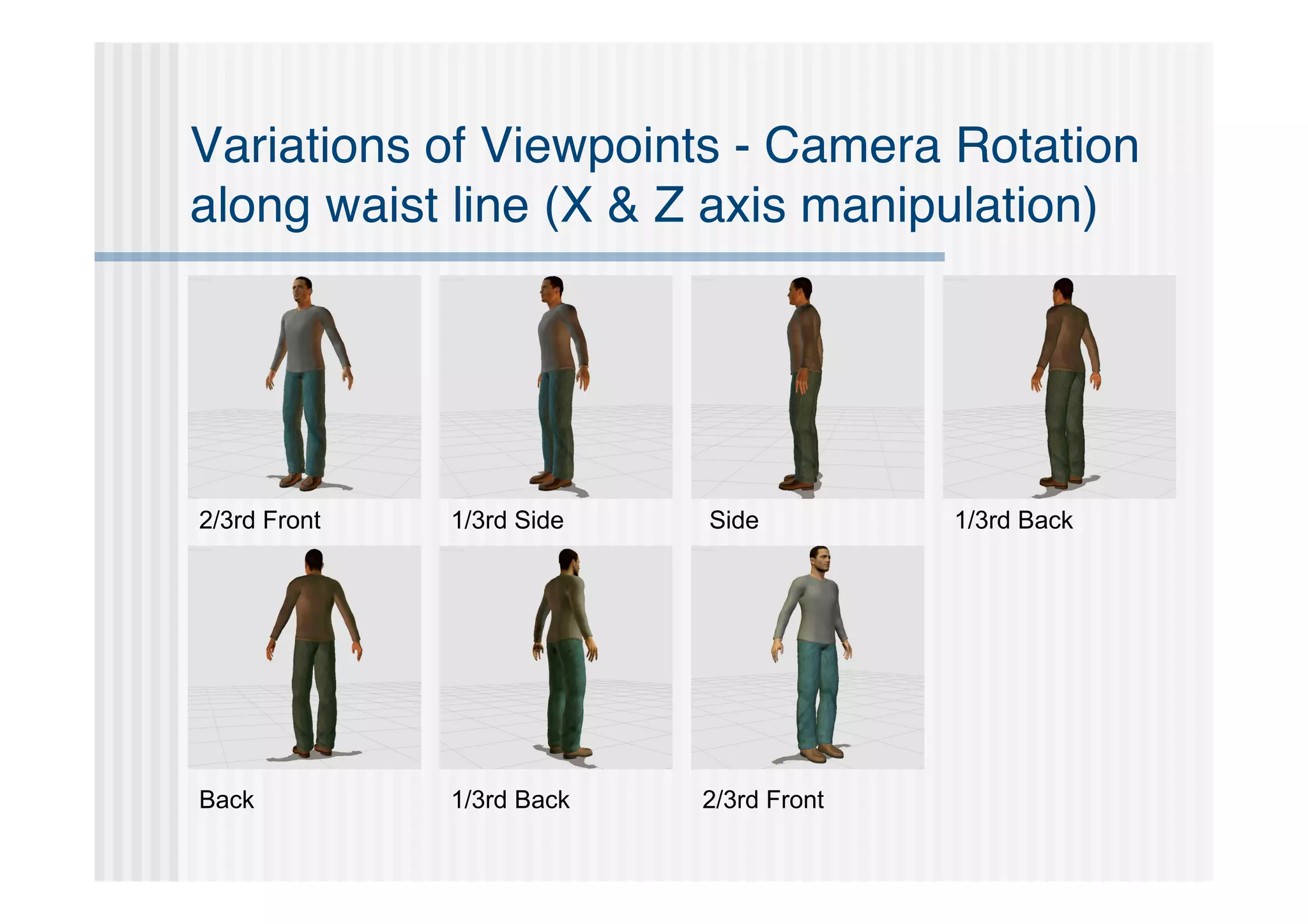 Variations of Viewpoints - Camera Rotation
along waist line (X & Z axis manipulation)




2/3rd Front   1/3rd Side   Side          1/3rd Back




Back          1/3rd Back   2/3rd Front
 