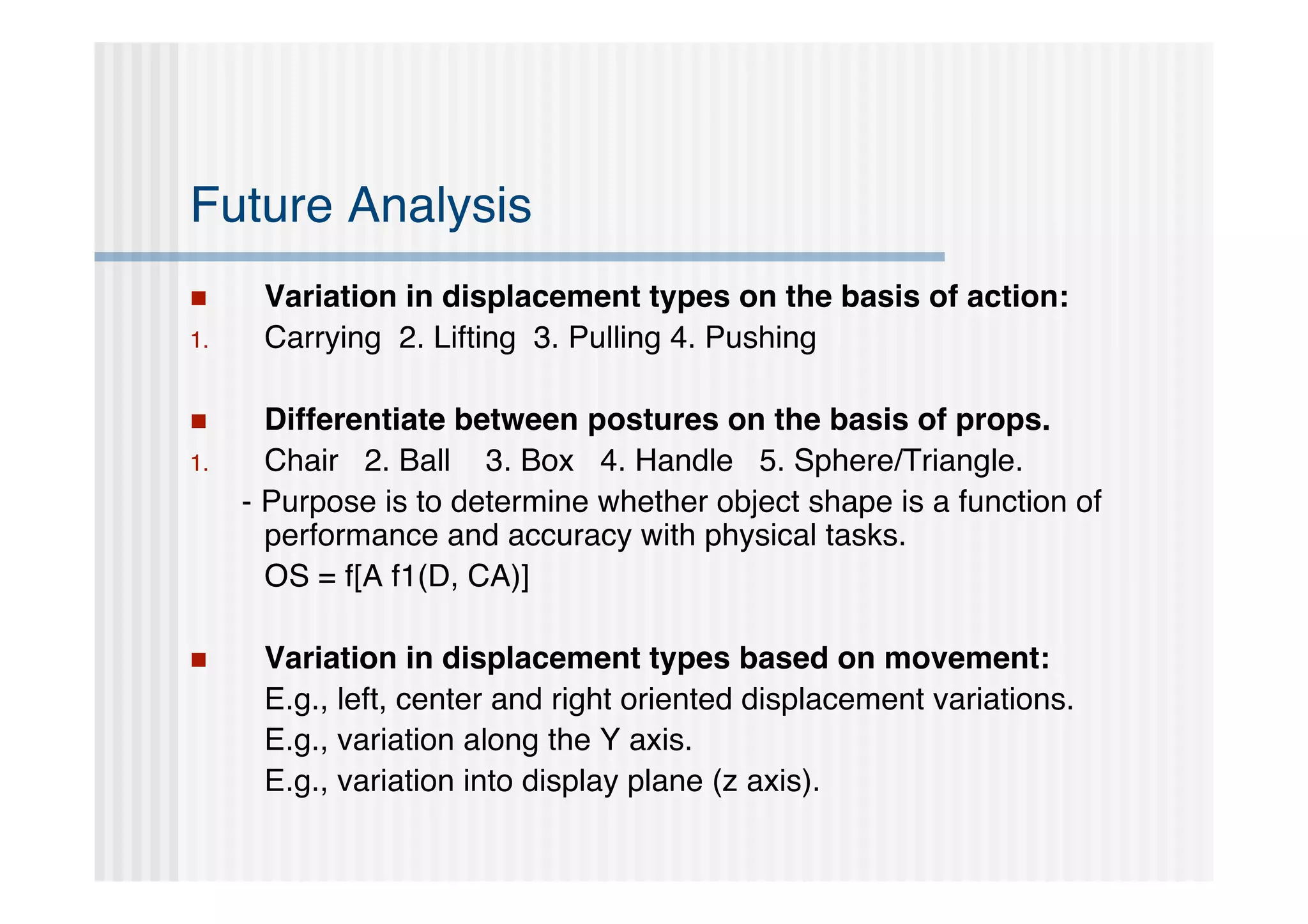 Future Analysis
     Variation in displacement types on the basis of action:
1.    Carrying 2. Lifting 3. Pulling 4. Pushing

      Differentiate between postures on the basis of props.
1.     Chair 2. Ball 3. Box 4. Handle 5. Sphere/Triangle.
     - Purpose is to determine whether object shape is a function of
       performance and accuracy with physical tasks.
       OS = f[A f1(D, CA)]

     Variation in displacement types based on movement:
      E.g., left, center and right oriented displacement variations.
      E.g., variation along the Y axis.
      E.g., variation into display plane (z axis).
 