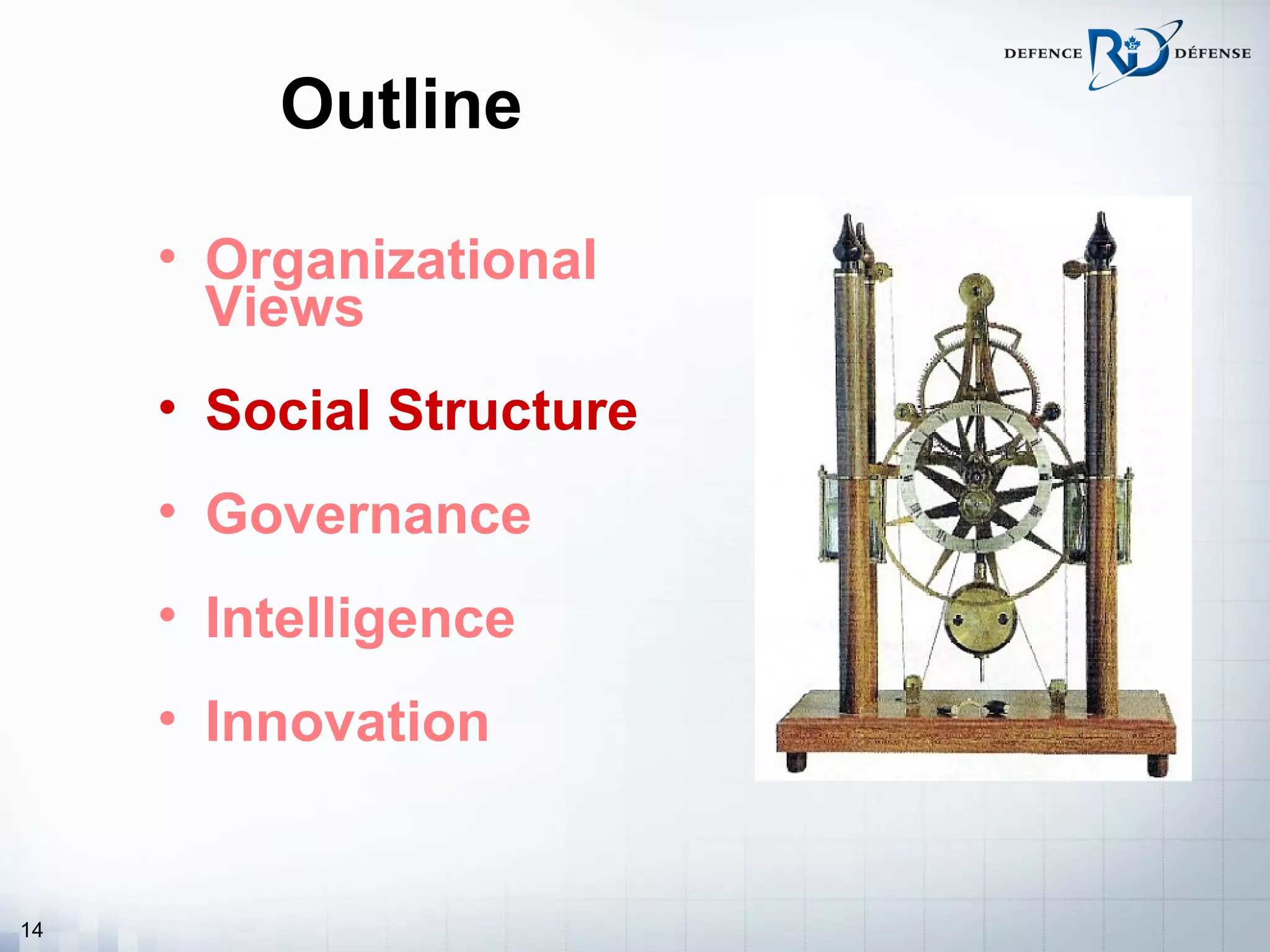 Outline

     • Organizational
       Views
     • Social Structure
     • Governance
     • Intelligence
     • Innovation


14
 