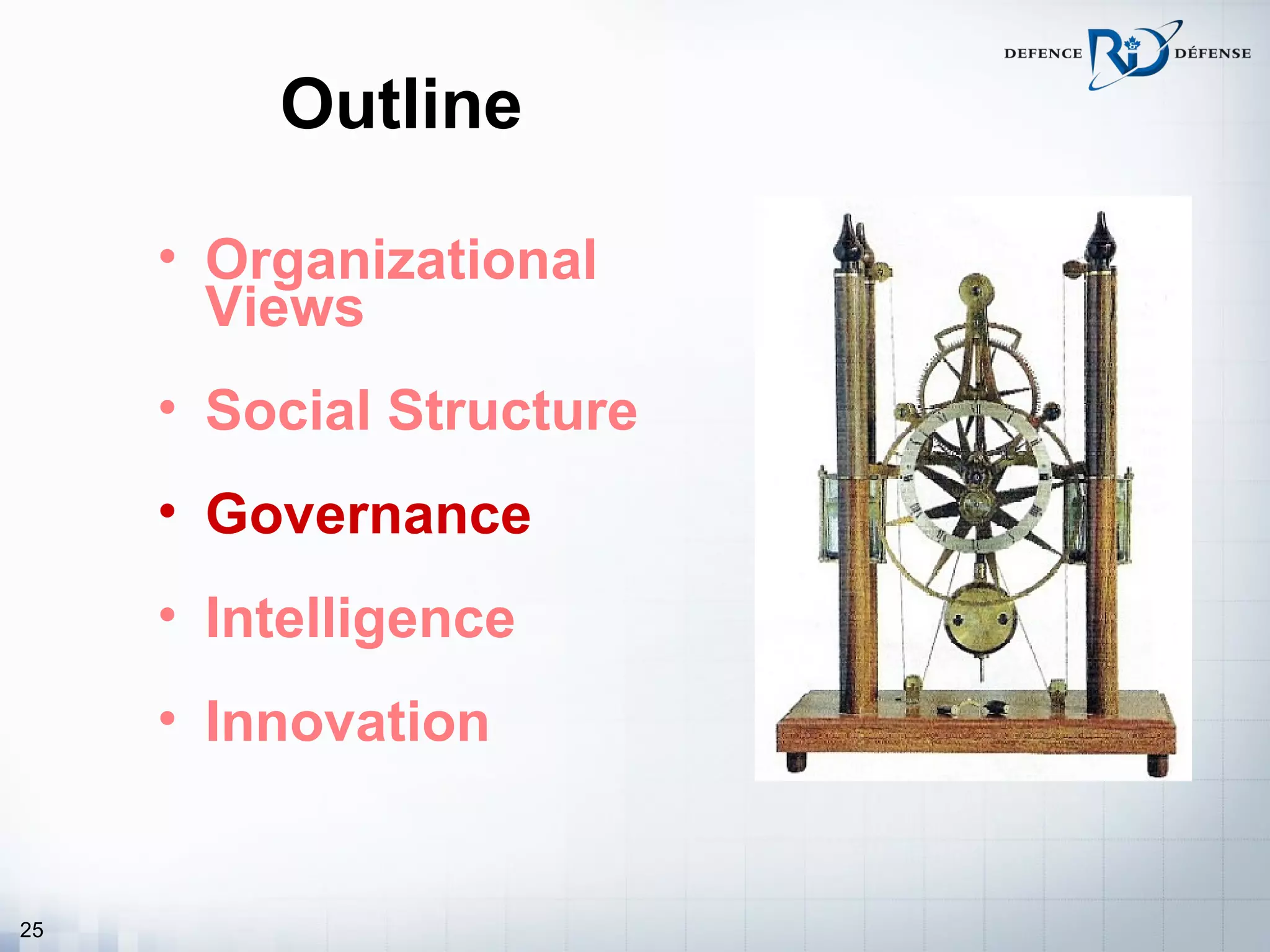 Outline

     • Organizational
       Views
     • Social Structure
     • Governance
     • Intelligence
     • Innovation


25
 