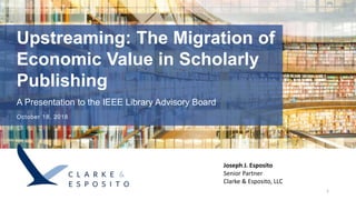 Upstreaming: The Migration of
Economic Value in Scholarly
Publishing
A Presentation to the IEEE Library Advisory Board
October 18, 2018
Joseph J. Esposito
Senior Partner
Clarke & Esposito, LLC
1
 