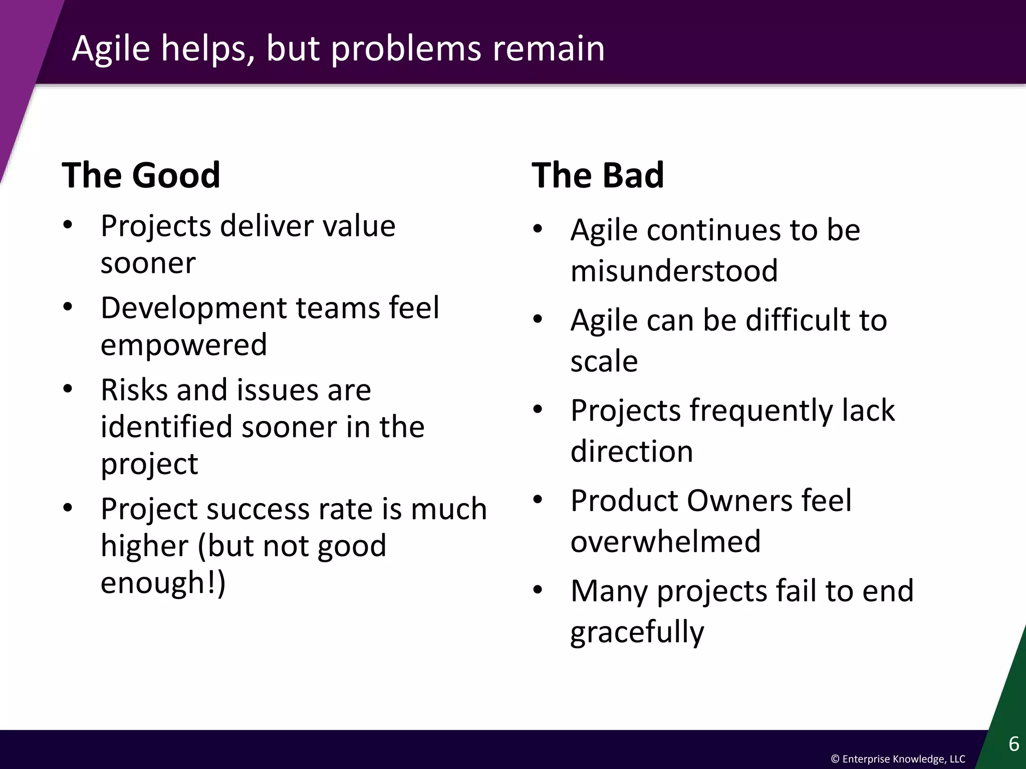 © Enterprise Knowledge, LLC
The Good
• Projects deliver value
sooner
• Development teams feel
empowered
• Risks and issues are
identified sooner in the
project
• Project success rate is much
higher (but not good
enough!)
The Bad
• Agile continues to be
misunderstood
• Agile can be difficult to
scale
• Projects frequently lack
direction
• Product Owners feel
overwhelmed
• Many projects fail to end
gracefully
6
Agile helps, but problems remain
 