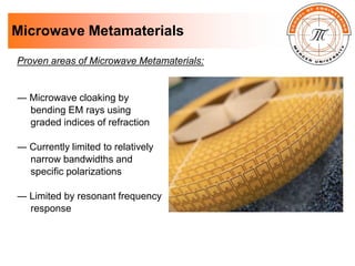 Microwave Metamaterials
Proven areas of Microwave Metamaterials:
― Microwave cloaking by
bending EM rays using
graded indices of refraction
― Currently limited to relatively
narrow bandwidths and
specific polarizations
― Limited by resonant frequency
response
 