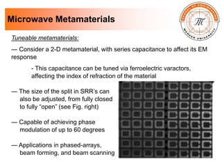 Microwave Metamaterials
Tuneable metamaterials:
― Consider a 2-D metamaterial, with series capacitance to affect its EM
response
- This capacitance can be tuned via ferroelectric varactors,
affecting the index of refraction of the material
― The size of the split in SRR’s can
also be adjusted, from fully closed
to fully “open” (see Fig. right)
― Capable of achieving phase
modulation of up to 60 degrees
― Applications in phased-arrays,
beam forming, and beam scanning
 