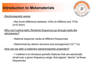 Introduction to Metamaterials
Electromagnetic waves
- Not much difference between 1kHz (λ=300km) and 1THz
(λ=0.3mm)
Why can’t optical light (Terahertz frequency) go through walls like
microwaves?
- Material response varies at different frequencies
- Determined by atomic structure and arrangement (10-10 m).
How can we alter a material’s electromagnetic properties?
- 1 method is to introduce periodic features that are electrically
small over a given frequency range, that appear “atomic” at those
frequencies
 