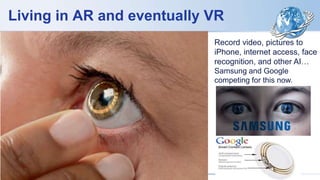 Living in AR and eventually VR
Record video, pictures to
iPhone, internet access, face
recognition, and other AI…
Samsung and Google
competing for this now.
 