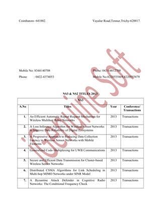 Coimbatore- 641002.

Vayalur Road,Tennur,Trichy-620017.

Mobile No: 8344140708

Phone: 0431-4012700

Phone

Mobile No:8220555869,8220555879

: 0422-4374053

NS3 & NS2 TITLES 2013
NS3
S.No

Titles

Year

Conference/
Transactions

1.

An Efficient Automatic Repeat Request Mechanism for
Wireless Multihop Relay Networks

2013

Transactions

2.

A Loss Inference Algorithm for Wireless Sensor Networks
to Improve Data Reliability of Digital Ecosystems

2013

Transactions

3.

A Progressive Approach to Reducing Data Collection
Latency in Wireless Sensor Networks with Mobile
Elements

2013

Transactions

4.

Generalized Code-Multiplexing for UWB Communications

2013

Transactions

5.

Secure and Efficient Data Transmission for Cluster-based
Wireless Sensor Networks

2013

Transactions

6.

Distributed CSMA Algorithms for Link Scheduling in
Multi-hop MIMO Networks under SINR Model

2013

Transactions

7.

A Byzantine Attack Defender in Cognitive Radio
Networks: The Conditional Frequency Check

2013

Transactions

 