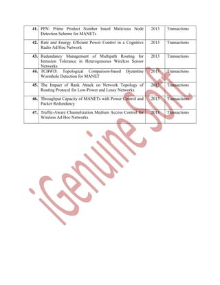41. PPN: Prime Product Number based Malicious Node
Detection Scheme for MANETs

2013

Transactions

42. Rate and Energy Efficient Power Control in a Cognitive
Radio Ad Hoc Network

2013

Transactions

43. Redundancy Management of Multipath Routing for
Intrusion Tolerance in Heterogeneous Wireless Sensor
Networks
44. TCBWD: Topological Comparison-based Byzantine
Wormhole Detection for MANET

2013

Transactions

2013

Transactions

45. The Impact of Rank Attack on Network Topology of
Routing Protocol for Low-Power and Lossy Networks

2013

Transactions

46. Throughput Capacity of MANETs with Power Control and
Packet Redundancy

2013

Transactions

47. Traffic-Aware Channelization Medium Access Control for
Wireless Ad Hoc Networks

2013

Transactions

 
