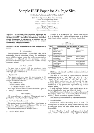 Sample IEEE Paper for A4 Page Size
First Author#1, Second Author*2, Third Author#3
#

First-Third Department, First-Third University
Address Including Country Name
1

first.author@first-third.edu
third.author@first-third.edu

3

*
Second Company
Address Including Country Name
2

second.author@second.com

Abstract— This document gives formatting instructions for
authors preparing papers for publication in the Proceedings of
an IEEE conference. The authors must follow the instructions
given in the document for the papers to be published. You can
use this document as both an instruction set and as a template
into which you can type your own text.
Keywords— Put your keywords here, keywords are separated by
comma.

I. INTRODUCTION
This document is a template. An electronic copy can be
downloaded from the conference website. For questions on
paper guidelines, please contact the conference publications
committee as indicated on the conference website.
Information about final paper submission is available from the
conference website.
II. PAGE LAYOUT
An easy way to comply with the conference paper
formatting requirements is to use this document as a template
and simply type your text into it.

Title must be in 24 pt Regular font. Author name must be
in 11 pt Regular font. Author affiliation must be in 10 pt
Italic. Email address must be in 9 pt Courier Regular font.
TABLE I
FONT SIZES FOR PAPERS

Font
Size
8

9
10
11
24

Appearance (in Time New Roman or Times)
Regular
Bold
Italic
table caption (in
reference item
Small Caps),
(partial)
figure caption,
reference item
author email address
abstract
abstract heading
(in Courier),
body
(also in Bold)
cell in a table
level-1 heading (in
level-2 heading,
Small Caps),
level-3 heading,
paragraph
author affiliation
author name
title

III. PAGE STYLE
All paragraphs must be indented. All paragraphs must be
justified, i.e. both left-justified and right-justified.

All title and author details must be in single-column format
and must be centered.
Every word in a title must be capitalized except for short
minor words such as “a”, “an”, “and”, “as”, “at”, “by”, “for”,
“from”, “if”, “in”, “into”, “on”, “or”, “of”, “the”, “to”, “with”.
Author details must not show any professional title (e.g.
Managing Director), any academic title (e.g. Dr.) or any
membership of any professional organization (e.g. Senior
Member IEEE).
To avoid confusion, the family name must be written as the
last part of each author name (e.g. John A.K. Smith).
Each affiliation must include, at the very least, the name of
the company and the name of the country where the author is
based (e.g. Causal Productions Pty Ltd, Australia).
Email address is compulsory for the corresponding author.

A. Text Font of Entire Document
The entire document should be in Times New Roman or
Times font. Type 3 fonts must not be used. Other font types
may be used if needed for special purposes.
Recommended font sizes are shown in Table 1.

C. Section Headings
No more than 3 levels of headings should be used. All
headings must be in 10pt font. Every word in a heading must
be capitalized except for short minor words as listed in
Section III-B.

B. Title and Author Details

1) Level-1 Heading: A level-1 heading must be in Small
Caps, centered and numbered using uppercase Roman

A. Page Layout
Your paper must use a page size corresponding to A4
which is 210mm (8.27") wide and 297mm (11.69") long. The
margins must be set as follows:
• Top = 19mm (0.75")
• Bottom = 43mm (1.69")
• Left = Right = 14.32mm (0.56")
Your paper must be in two column format with a space of
4.22mm (0.17") between columns.

 