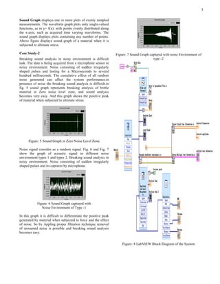 Sound Graph displays one or more plots o
measurements. The waveform graph plots o
functions, as in y= f(x), with points evenly
the x-axis, such as acquired time varying
sound graph displays plots containing any
Above figure displays sound graph of a m
subjected to ultimate stress.
Case Study-2
Breaking sound analysis in noisy environ
task. The data is being acquired from a mic
noisy environment. Noise consisting of s
shaped pulses and lasting for a Microse
hundred milliseconds. The cumulative eff
noise generated can affect the system
presence of noise the breaking sound anal
fig. 5 sound graph represents breaking a
material in Zero noise level zone, and
becomes very easy. And this graph shows
of material when subjected to ultimate stres
Figure: 5 Sound Graph in Zero Noise
Noise signal consider as a random signal.
show the graph of acoustic signal in
environment types 1 and types 2. Breaking
noisy environment. Noise consisting of s
shaped pulses and its captures by microphon
Figure: 6 Sound Graph captured
Noise Environment of Type
In this graph it is difficult to differentiate
generated by material when subjected to fo
of noise. So by Appling proper filtration t
of unwanted noise is possible and breakin
becomes easy.
of evenly sampled
only single-valued
y distributed along
g waveforms. The
number of points.
material when it is
nment is difficult
crophone sensor in
sudden irregularly
econds to several
fect of all random
m performance.in
lysis is difficult.in
analysis of brittle
d sound analysis
the positive peak
s.
Level Zone
Fig. 6 and Fig. 7
n different noise
g sound analysis in
sudden irregularly
ne.
d with
-1
the positive peak
orce and the effect
technique removal
ng sound analysis
Figure: 7 Sound Graph captured w
type -2
Figure: 8 LabVIEW Block Di
3
with noise Environment of
iagram of the System
 