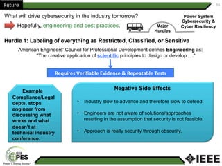 Future	 16	
What will drive cybersecurity in the industry tomorrow?
Hopefully, engineering and best practices.
American Engineers' Council for Professional Development defines Engineering as:
"The creative application of scientific principles to design or develop …."
Major
Hurdles
Power System
Cybersecurity &
Cyber Resiliency
Hurdle 1: Labeling of everything as Restricted, Classified, or Sensitive
Requires	Veriﬁable	Evidence	&	Repeatable	Tests	
Administrator
1.  Joe
2.  Alice
Example
Compliance/Legal
depts. stops
engineer from
discussing what
works and what
doesn’t at
technical industry
conference.
Negative Side Effects
•  Industry slow to advance and therefore slow to defend.
•  Engineers are not aware of solutions/approaches
resulting in the assumption that security is not feasible.
•  Approach is really security through obscurity.
 