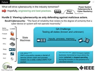 Future	 17	
What will drive cybersecurity in the industry tomorrow?
Hopefully, engineering and best practices. Major
Hurdles
Hurdle 2: Viewing cybersecurity as only defending against malicious actors.
Power System
Cybersecurity &
Cyber Resiliency
Recall	Cybersecurity:			“The	facet	of	reliability	that	relates	to	the	degree	of	certainty	that	a	
				cyber	device	or	system	will	not	operate	incorrectly.”		
***	***	***	***	-2015	Firmware	Update	
Summary:	Corrected	an	issue	where	the	
meter	restarted	or	stopped	opera;ng	
during	ﬁle	transfers	in	the	presence	of	a	
saturated	network	
CVE-2013-****																																								
DNP3	vulnerability	causes a denial of
service (driver crash and process
restart) via a oddly crafted DNP3 TCP
packet.
	
State
Machines
Testing all states (known and unknown)
QA Challenge
Inputs, process, memory
 