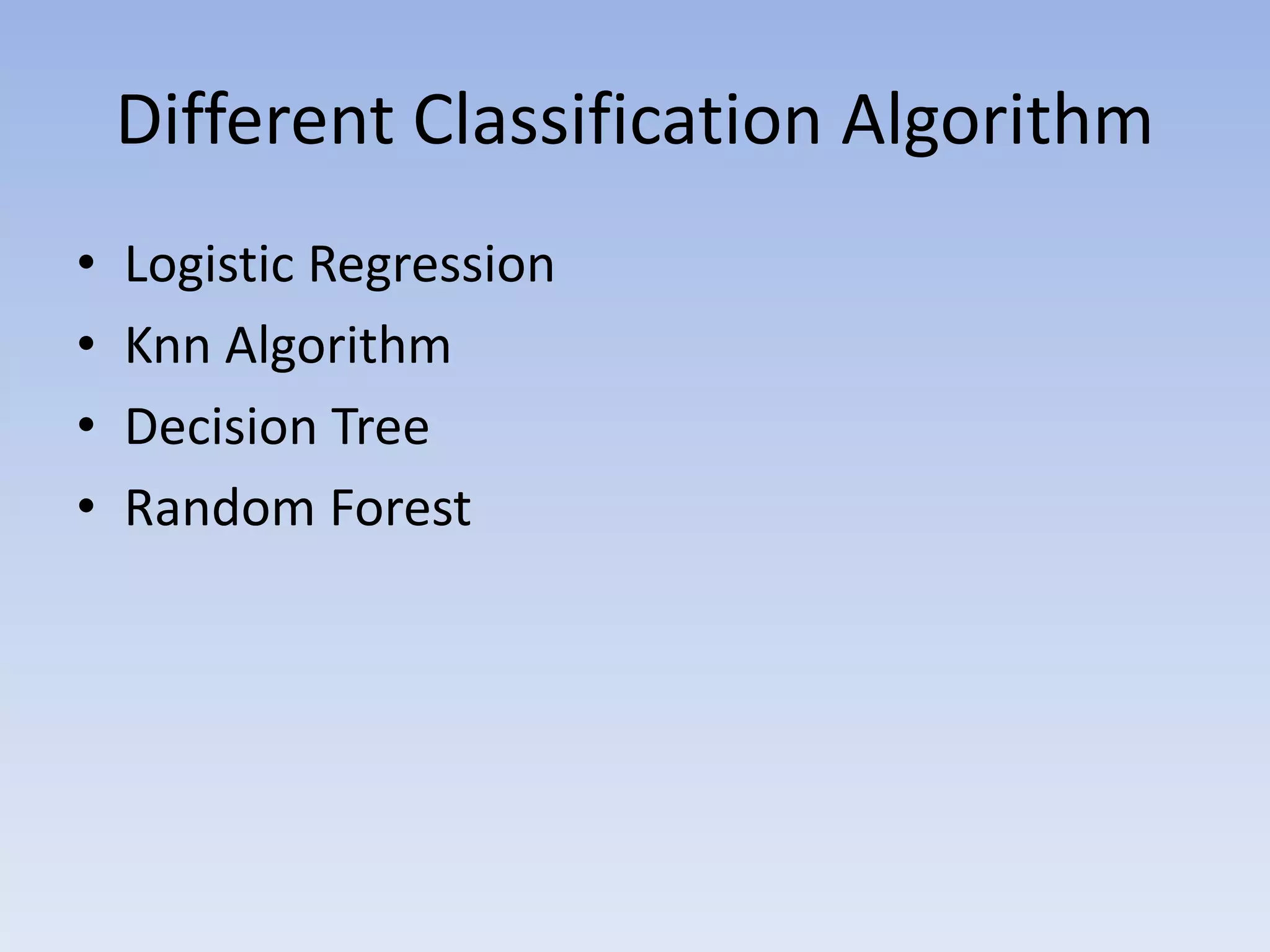 Different Classification Algorithm
• Logistic Regression
• Knn Algorithm
• Decision Tree
• Random Forest
 