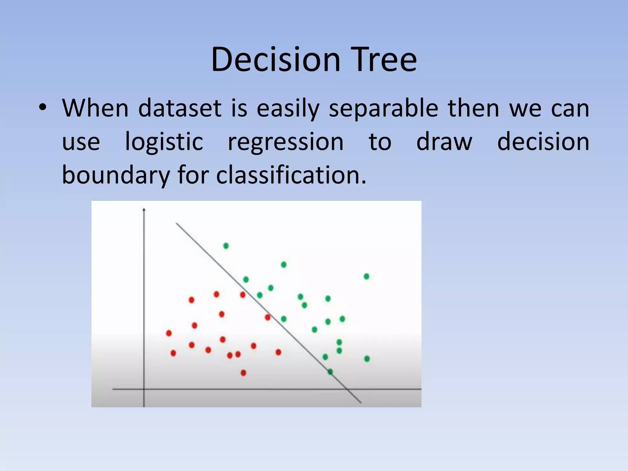 Decision Tree
• When dataset is easily separable then we can
use logistic regression to draw decision
boundary for classification.
 