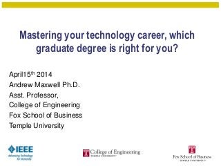 Mastering your technology career, which
graduate degree is right for you?
April15th 2014
Andrew Maxwell Ph.D.
Asst. Professor,
College of Engineering
Fox School of Business
Temple University
 