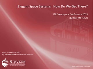 ©2011 Stevens Institute of TechnologyP. 2/3 | 01/01/11
|
©2013 Stevens Institute of Technology
Date: 7th of March of 2013
By: Alejandro Salado and Roshanak Nilchiani
Elegant Space Systems : How Do We Get There?
IEEE Aerospace Conference 2013
Big Sky, MT (USA)
 