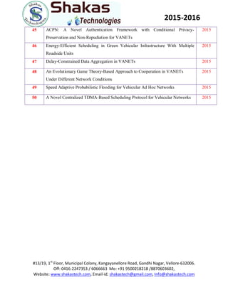 #13/19, 1st
Floor, Municipal Colony, Kangayanellore Road, Gandhi Nagar, Vellore-632006.
Off: 0416-2247353 / 6066663 Mo: +91 9500218218 /8870603602,
Website: www.shakastech.com, Email-id: shakastech@gmail.com, Info@shakastech.com
2015-2016
45 ACPN: A Novel Authentication Framework with Conditional Privacy-
Preservation and Non-Repudiation for VANETs
2015
46 Energy-Efficient Scheduling in Green Vehicular Infrastructure With Multiple
Roadside Units
2015
47 Delay-Constrained Data Aggregation in VANETs 2015
48 An Evolutionary Game Theory-Based Approach to Cooperation in VANETs
Under Different Network Conditions
2015
49 Speed Adaptive Probabilistic Flooding for Vehicular Ad Hoc Networks 2015
50 A Novel Centralized TDMA-Based Scheduling Protocol for Vehicular Networks 2015
 