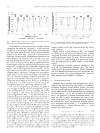 1286 IEEE TRANSACTIONS ON INTELLIGENT TRANSPORTATION SYSTEMS, VOL. 14, NO. 3, SEPTEMBER 2013
Fig. 4. Percent change in person delay for different intersection ﬂow ratios
and ¯ob/¯oa = 40/1.25 (deterministic arrival tests).
The performance of the system has been tested for different
intersection ﬂow ratios that vary from 0.4 to 0.9 for average
occupancies of 40 passengers per bus and 1.25 passengers per
auto. The results, which are shown in Fig. 4, indicate consistent
patterns in the person delay changes for all intersection ﬂow
ratios that have been tested. The higher the intersection ﬂow
ratio, the lower the beneﬁt for bus users and for all users
traveling through the intersection, and as a result, the lower
the increase in auto user delay. This is expected due to the
fact that higher intersection ﬂow ratios imply higher auto trafﬁc
demand and, consequently, lower ﬂexibility to change the signal
timings while maintaining undersaturated conditions. For very
high intersection ﬂow ratios, the vehicle-based optimization
and person-based optimization converge to the same optimal
signal timings and the same person delays since the high
auto ﬂow outweighs the higher occupancies of the buses. The
ﬁgure also shows the 95% conﬁdence intervals of the percent
changes for person delays of autos, buses, and all travelers at
the intersection. The plotted conﬁdence intervals indicate that
these percent changes are signiﬁcantly different than zero.
Tests have also been performed for different average bus to
auto passenger occupancy ratios to investigate how changes
in bus ridership affect the provision of priority. The average
auto occupancy is kept constant for all tests and equal to
1.25 passengers/vehicle. Fig. 5 shows the results obtained by
comparing the person delays from the person-based optimiza-
tion with those from the vehicle-based optimization for an
intersection ﬂow ratio of Y = 0.5. The ﬁgure indicates that,
for very low average occupancy ratios, the collective beneﬁts
to all passengers diminish along with the beneﬁts to the bus
passengers. The converse is also true; the higher the passenger
occupancy of buses, the higher the savings for their passengers
and the higher the delays for auto users compared with the
person delays from vehicle-based optimization. This outcome
is expected since a higher bus passenger occupancy leads to a
larger weight for the bus delays, and given that the intersec-
tion is undersaturated and there is spare time, more priority
is provided to serve the buses. However, for high average
bus to auto passenger occupancy ratios, the system eventually
converges toward one set of signal timings and the beneﬁt to bus
passengers levels off once the system has reached the maximum
Fig. 5. Percent change in person delay for different average bus to auto
passenger occupancy ratios and Y = 0.5 (deterministic arrival tests).
amount of transit priority that it can provide for the speciﬁc
trafﬁc conditions.
Similar patterns as those observed in Fig. 5 are obtained
for all intersection ﬂow ratios tested. However, tests for other
intersection ﬂow ratios have shown that the beneﬁts level off
at different occupancy ratios. The higher the intersection ﬂow
ratio, the lower the spare capacity at the intersection and the
lower the occupancy ratio at which beneﬁts for transit users
level off.
Tests performed for another real-world intersection of San
Pablo and University Avenues in Berkeley, CA, USA, show a
similar behavior. The percent changes for different intersection
ﬂow ratios are different between the two test sites because they
depend on multiple factors such as the intersection’s layout, the
phase sequence, and the frequency of the buses.
C. Stochastic Arrival Tests
Stochastic arrival tests have been performed under the as-
sumption that auto interarrival times follow an exponential
distribution. To predict the auto demand for each cycle using
the same method that would be required in reality, detectors are
located approximately 100 m upstream from the intersection
on each approach. Detectors are also located at the exits of
each of the approaches to measure the exit ﬂow for each lane
group and cycle. To predict the demand of the respective lane
group for the design cycle, exponential smoothing is used on
the measured ﬂows of both sets of detectors during the previous
cycle. The predicted arrival rate ˆqj, T is a weighted average
of the prediction ˆqj, T −1 and the observed value qj, T −1 of the
previous cycle and is given by
ˆqj, T = eqj, T −1 + (1 − e)ˆqj, T −1 (37)
where e is a factor between 0 and 1 that determines how much
weight is placed on the most recent observation. A value of
e = 0.2 has been used in the performed tests. The maximum of
the two smoothed ﬂows from the two sets of detectors is used
as an input for the optimization of the next cycle to account for
cases that signal timings in the previous cycle are not able to
serve all of the incoming demand.
 