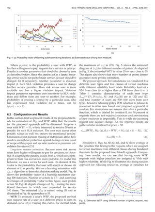 Where pðpriceÞ is the probability a user with WTP, as
his/her willingness to pay, requests for a service in price pr.
Penalty is another parameter that should be chosen by user
as described before. Since this option act as a lateral insur-
ing service and is not part of main service, so user should be
charged for it separately. Another parameter is violation
impact b. Each SLA violation provokes a user to change
his/her service provider. More risk averse user is more
excitable and has a higher violation impact. Violation
impact parameter represents user sensitivity to SLA viola-
tions and differs from one user to another. For example,
probability of reusing a service by a particular user, who
has experienced SLA violation for n times, will be
ðpðprÞ À n Â bÞ.
6.2 Conﬁguration and Results
In this section, ﬁrst we present results of the proposed meth-
ods for estimation of MLT and WTP. After that, the results
for the proposed approach will be discussed. Suppose a
user with WTP ¼ 55, who is interested to receive 50 unit as
penalty for each SLA violation. The user may accept other
penalty values as well but prefers the mentioned penalty.
Discussion about decision making of individuals about how
much is enough for protection against damage or loss is out
of scope of this paper and we refer readers to premium cal-
culation literatures [21].
Long-term measure estimation. Because more risk averse
users have higher willingness to pay for certainty, so choos-
ing or accepting the penalty values from L which are appro-
priate to their risk aversion is more probable. To model this
behavior, we use a vector for each user. ith element of this
vector is the probability that user will accept or choose ith
element of L as penalty. We use a learning automaton with
LRÀP algorithm to learn this decision making model. Fig. 4a
shows the probability vector of a learning automaton dur-
ing 100 iterations. Number of actions is |L| and according
to changes of probability vector in this ﬁgure, user prefers
action 50. Fig. 4b depicts changes of MLT during the men-
tioned iterations in which user requested for service
100 times. The estimated MLT is earned using (5) and as
illustrated in Fig. 4b approaches to 53.
WTP: To estimate a user’s WTP, the proposed method
uses request rate of a user in n different prices to earn its
demand curve DðpÞ. Having this curve, the method ﬁnds
the maximum of jepj in (19). Fig. 5 shows the estimated
diagram of jepj for different number of points. As depicted
in Fig. 5, the estimated WTP is either 55 or very close to 55.
This ﬁgure also shows that more number of points doesn’t
guarantee more precise estimation.
The proposed approach. For simulations we considered ﬁve
different user types and ﬁve classes of virtual machines
with different reliability level labels. Reliability level of a
VM from class (i) is higher than a VM from class (i þ 1).
Table 1 contains characteristics of each user type.
duserðWTPj; Penaltyj; RiÞ and dVMðRÞ are as (22) and (23)
and total number of users are 500 (100 users from each
type). Resource releasing policy (VM selection to release its
resources) is either user based (our proposed approach) or
random. For simulations we assume that after a particular
iteration, which is labeled by iteration 0, for 30 percent of
requests there are not required resources and provisioning
of new resources is impossible. This is while the incoming
request rate doesn’t change. All the reported results are
gathered after iteration 0 at price ¼ 50:
duserðWTPj; MLT ðjÞ; RiÞ ¼ WTPj þ MLT ðjÞ Â ð1 À RiÞ; (22)
dVMðRÞ ¼ R: (23)
Simulation 1. Figs. 6a, 6b, 6c, 6d, and 6e show average of
the penalties that belong to the requests which are assigned
to virtual machines from different classes during hundered
iterations by the proposed (user based) approach. Compar-
ing these results, we can see that having same WTP,
requests with higher penalties are assigned to VMs with
higher reliability. While Fig. 6f illustrates that using random
approach for releasing resources, average of penalties for
(a) (b)
Fig. 4. (a) Probability vector of learning automaton during iterations. (b) Estimated value of long term measure.
Fig. 5. Estimated WTP using different number of (price, request_rate)
points.
162 IEEE TRANSACTIONS ON CLOUD COMPUTING, VOL. 2, NO. 2, APRIL-JUNE 2014
 