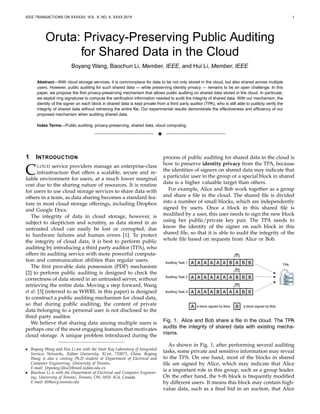 IEEE TRANSACTIONS ON XXXXXX, VOL. X, NO. X, XXXX 201X 1
Oruta: Privacy-Preserving Public Auditing
for Shared Data in the Cloud
Boyang Wang, Baochun Li, Member, IEEE, and Hui Li, Member, IEEE
Abstract—With cloud storage services, it is commonplace for data to be not only stored in the cloud, but also shared across multiple
users. However, public auditing for such shared data — while preserving identity privacy — remains to be an open challenge. In this
paper, we propose the ﬁrst privacy-preserving mechanism that allows public auditing on shared data stored in the cloud. In particular,
we exploit ring signatures to compute the veriﬁcation information needed to audit the integrity of shared data. With our mechanism, the
identity of the signer on each block in shared data is kept private from a third party auditor (TPA), who is still able to publicly verify the
integrity of shared data without retrieving the entire ﬁle. Our experimental results demonstrate the effectiveness and efﬁciency of our
proposed mechanism when auditing shared data.
Index Terms—Public auditing, privacy-preserving, shared data, cloud computing.
3
1 INTRODUCTION
CLOUD service providers manage an enterprise-class
infrastructure that offers a scalable, secure and re-
liable environment for users, at a much lower marginal
cost due to the sharing nature of resources. It is routine
for users to use cloud storage services to share data with
others in a team, as data sharing becomes a standard fea-
ture in most cloud storage offerings, including Dropbox
and Google Docs.
The integrity of data in cloud storage, however, is
subject to skepticism and scrutiny, as data stored in an
untrusted cloud can easily be lost or corrupted, due
to hardware failures and human errors [1]. To protect
the integrity of cloud data, it is best to perform public
auditing by introducing a third party auditor (TPA), who
offers its auditing service with more powerful computa-
tion and communication abilities than regular users.
The ﬁrst provable data possession (PDP) mechanism
[2] to perform public auditing is designed to check the
correctness of data stored in an untrusted server, without
retrieving the entire data. Moving a step forward, Wang
et al. [3] (referred to as WWRL in this paper) is designed
to construct a public auditing mechanism for cloud data,
so that during public auditing, the content of private
data belonging to a personal user is not disclosed to the
third party auditor.
We believe that sharing data among multiple users is
perhaps one of the most engaging features that motivates
cloud storage. A unique problem introduced during the
• Boyang Wang and Hui Li are with the State Key Laboratory of Integrated
Services Networks, Xidian University, Xi’an, 710071, China. Boyang
Wang is also a visiting Ph.D student at Department of Electrical and
Computer Engineering, University of Toronto.
E-mail: {bywang,lihui}@mail.xidian.edu.cn
• Baochun Li is with the Department of Electrical and Computer Engineer-
ing, University of Toronto, Toronto, ON, M5S 3G4, Canada.
E-mail: bli@eecg.toronto.edu
process of public auditing for shared data in the cloud is
how to preserve identity privacy from the TPA, because
the identities of signers on shared data may indicate that
a particular user in the group or a special block in shared
data is a higher valuable target than others.
For example, Alice and Bob work together as a group
and share a ﬁle in the cloud. The shared ﬁle is divided
into a number of small blocks, which are independently
signed by users. Once a block in this shared ﬁle is
modiﬁed by a user, this user needs to sign the new block
using her public/private key pair. The TPA needs to
know the identity of the signer on each block in this
shared ﬁle, so that it is able to audit the integrity of the
whole ﬁle based on requests from Alice or Bob.
a block signed by Alice a block signed by Bob
A A A A A A B A B B
A B
A A A A A A A B B B
A A A A B A A A B B
8th
8th
8th
Auditing Task 1
Auditing Task 2
Auditing Task 3
TPA
Fig. 1. Alice and Bob share a ﬁle in the cloud. The TPA
audits the integrity of shared data with existing mecha-
nisms.
As shown in Fig. 1, after performing several auditing
tasks, some private and sensitive information may reveal
to the TPA. On one hand, most of the blocks in shared
ﬁle are signed by Alice, which may indicate that Alice
is a important role in this group, such as a group leader.
On the other hand, the 8-th block is frequently modiﬁed
by different users. It means this block may contain high-
value data, such as a ﬁnal bid in an auction, that Alice
 