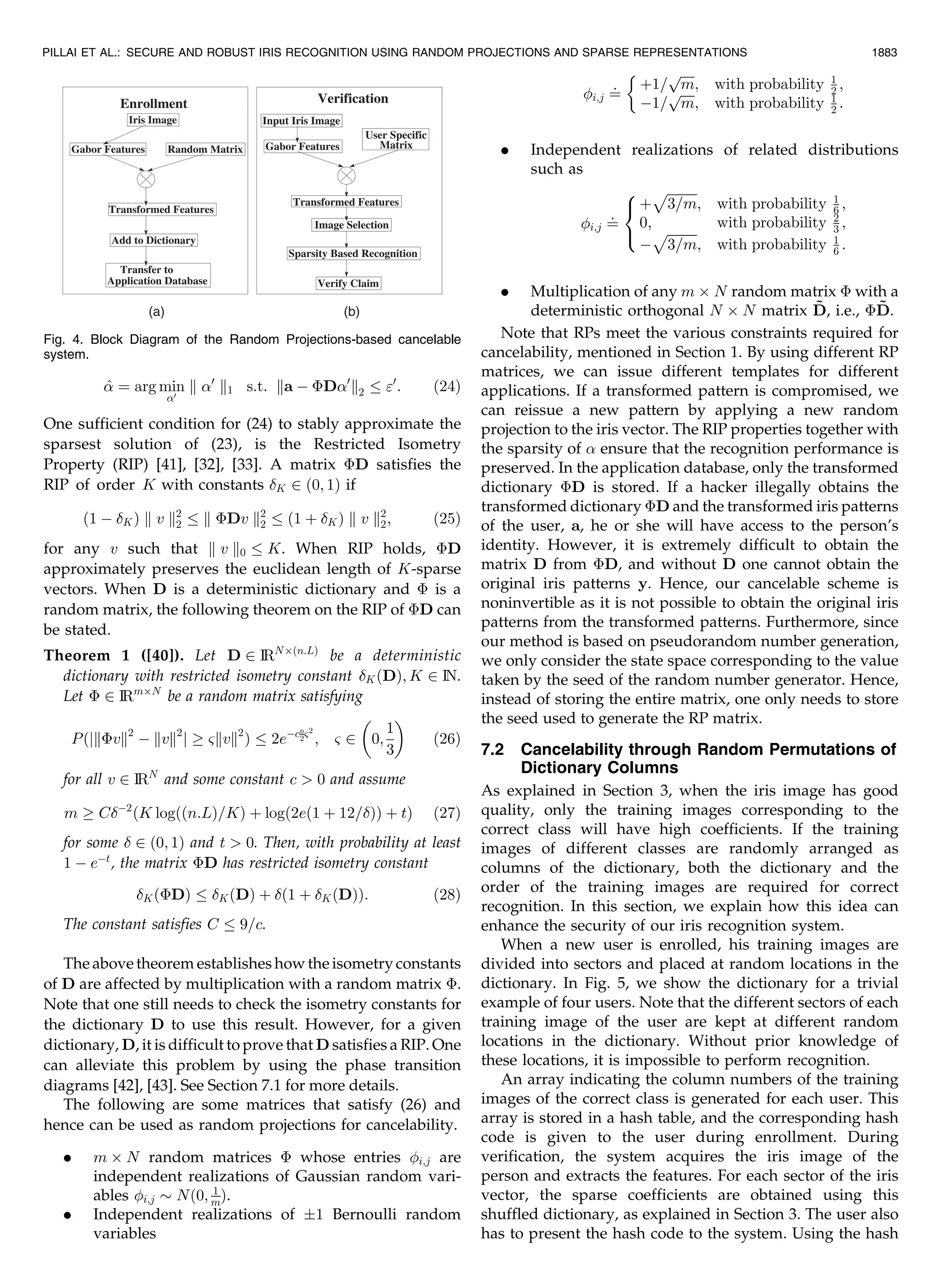^ ¼ arg min 0 k 0 k1 s:t: ka À ÈD0 k2 0 : ð24Þ One sufficient condition for (24) to stably approximate the sparsest solution of (23), is the Restricted Isometry Property (RIP) [41], [32], [33]. A matrix ÈD satisfies the RIP of order K with constants K 2 ð0; 1Þ if ð1 À KÞ k v k2 2 k ÈDv k2 2 ð1 þ KÞ k v k2 2; ð25Þ for any v such that k v k0 K. When RIP holds, ÈD approximately preserves the euclidean length of K-sparse vectors. When D is a deterministic dictionary and È is a random matrix, the following theorem on the RIP of ÈD can be stated. Theorem 1 ([40]). Let D 2 IRNÂðn:LÞ be a deterministic dictionary with restricted isometry constant KðDÞ; K 2 IN. Let È 2 IRmÂN be a random matrix satisfying PðjkÈvk2 À kvk2 j ! kvk2 Þ 2eÀcn 22 ; 2 0; 1 3 ð26Þ for all v 2 IRN and some constant c 0 and assume m ! CÀ2 K logððn:LÞ=KÞ þ logð2eð1 þ 12=ÞÞ þ tð Þ ð27Þ for some 2 ð0; 1Þ and t 0. Then, with probability at least 1 À eÀt , the matrix ÈD has restricted isometry constant KðÈDÞ KðDÞ þ ð1 þ KðDÞÞ: ð28Þ The constant satisfies C 9=c. The above theorem establishes how the isometry constants of D are affected by multiplication with a random matrix È. Note that one still needs to check the isometry constants for the dictionary D to use this result. However, for a given dictionary, D, it is difficult to prove that D satisfies a RIP. One can alleviate this problem by using the phase transition diagrams [42], [43]. See Section 7.1 for more details. The following are some matrices that satisfy (26) and hence can be used as random projections for cancelability. . m Â N random matrices È whose entries i;j are independent realizations of Gaussian random vari- ables i;j $ Nð0; 1 mÞ. . Independent realizations of Æ1 Bernoulli random variables i;j ¼ : þ1= ﬃﬃﬃﬃﬃ m p ; with probability 1 2 ; À1= ﬃﬃﬃﬃﬃ m p ; with probability 1 2 : . Independent realizations of related distributions such as i;j ¼ : þ ﬃﬃﬃﬃﬃﬃﬃﬃﬃﬃ 3=m p ; with probability 1 6 ; 0; with probability 2 3 ; À ﬃﬃﬃﬃﬃﬃﬃﬃﬃﬃ 3=m p ; with probability 1 6 : 8 : . Multiplication of any m Â N random matrix È with a deterministic orthogonal N Â N matrix ~D, i.e., È ~D. Note that RPs meet the various constraints required for cancelability, mentioned in Section 1. By using different RP matrices, we can issue different templates for different applications. If a transformed pattern is compromised, we can reissue a new pattern by applying a new random projection to the iris vector. The RIP properties together with the sparsity of ensure that the recognition performance is preserved. In the application database, only the transformed dictionary ÈD is stored. If a hacker illegally obtains the transformed dictionary ÈD and the transformed iris patterns of the user, a, he or she will have access to the person’s identity. However, it is extremely difficult to obtain the matrix D from ÈD, and without D one cannot obtain the original iris patterns y. Hence, our cancelable scheme is noninvertible as it is not possible to obtain the original iris patterns from the transformed patterns. Furthermore, since our method is based on pseudorandom number generation, we only consider the state space corresponding to the value taken by the seed of the random number generator. Hence, instead of storing the entire matrix, one only needs to store the seed used to generate the RP matrix. 7.2 Cancelability through Random Permutations of Dictionary Columns As explained in Section 3, when the iris image has good quality, only the training images corresponding to the correct class will have high coefficients. If the training images of different classes are randomly arranged as columns of the dictionary, both the dictionary and the order of the training images are required for correct recognition. In this section, we explain how this idea can enhance the security of our iris recognition system. When a new user is enrolled, his training images are divided into sectors and placed at random locations in the dictionary. In Fig. 5, we show the dictionary for a trivial example of four users. Note that the different sectors of each training image of the user are kept at different random locations in the dictionary. Without prior knowledge of these locations, it is impossible to perform recognition. An array indicating the column numbers of the training images of the correct class is generated for each user. This array is stored in a hash table, and the corresponding hash code is given to the user during enrollment. During verification, the system acquires the iris image of the person and extracts the features. For each sector of the iris vector, the sparse coefficients are obtained using this shuffled dictionary, as explained in Section 3. The user also has to present the hash code to the system. Using the hash PILLAI ET AL.: SECURE AND ROBUST IRIS RECOGNITION USING RANDOM PROJECTIONS AND SPARSE REPRESENTATIONS 1883 Fig. 4. Block Diagram of the Random Projections-based cancelable system. 