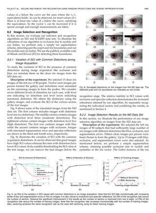 values of  below the curve are the ones where the ‘0=‘1
equivalence holds. As can be observed, for most values of ,
there is at least one value of  below the curve, satisfying
the equivalence. So the vector  can be recovered if it is
sparse enough and enough measurements are taken.
8.2 Image Selection and Recognition
In this section, we evaluate our selection and recognition
algorithms on ND and ICE2005 data sets. To illustrate the
robustness of our algorithm to occlusion due to eyelids and
eye lashes, we perform only a simple iris segmentation
scheme, detecting just the pupil and iris boundaries and not
the eyelids and eye lashes. We use the publicly available code
of Masek and Kovesi [47] for detecting these boundaries.
8.2.1 Variation of SCI with Common Distortions during
Image Acquisition
To study the variation of SCI in the presence of common
distortions during image acquisition like occlusion and
blur, we simulate them on the clean iris images from the
ND data set.
Description of the experiment. We selected 15 clean iris
images of the left eye of 80 people. Twelve such images per
person formed the gallery and distortions were simulated
on the remaining images to form the probes. We consider
seven different levels of distortion for each case, with level
one indicating no distortion and level seven indicating
maximum distortion. We obtain the dictionary using the
gallery images, and evaluate the SCI of the various sectors
of the test images.
Fig. 8 shows some of the simulated images from the ND
data set. The first column includes images with distortion
level one (no distortion). The middle column contains images
with distortion level three (moderate distortions). The
rightmost column contain images with distortion level five
(high distortion). The first row contains images with blur
while the second contains images with occlusion. Images
with simulated segmentation error and specular reflections
are shown in the third and fourth rows, respectively.
Fig. 9a illustrates the variation of SCI with the common
acquisition distortions. It can be observed that good images
have high SCI values whereas the ones with distortion have
lower SCI values. So by suitably thresholding the SCI value of
the test image, we can remove the bad images before the
recognition stage. The relative stability in SCI values with
occlusion and specular reflection demonstrates the increased
robustness attained by our algorithm, by separately recog-
nizing the individual sectors and combining the results, as
mentioned in Section 4.
8.2.2 Image Selection Results on the ND Data Set
In this section, we illustrate the performance of our image
selection algorithm on images from the ND data set.
Description of the experiment. We selected the left iris
images of 80 subjects that had sufficiently large number of
iris images with different distortions like blur, occlusion, and
segmentation errors. Fifteen clean images per person were
hand chosen to form the gallery. Up to 15 images with blur,
occlusion, and segmentation errors were also selected. As
mentioned before, we perform a simple segmentation
scheme, retaining possible occlusion due to eyelids and
eyelashes in the iris vector. The Gabor features of the iris
PILLAI ET AL.: SECURE AND ROBUST IRIS RECOGNITION USING RANDOM PROJECTIONS AND SPARSE REPRESENTATIONS 1885
Fig. 8. Simulated distortions on the images from the ND data set. The
detected pupil and iris boundaries are indicated as red circles.
Fig. 9. (a) Plot of the variation in SCI values with common distortions in iris image acquisition. Note that the SCI falls monotonically with increasing
levels of blur and segmentation errors in the iris images. It is also robust to occlusions and specular reflections. (b) Plot of the recognition rate versus
the number of sectors. Observe the significant improvement in the results as the number of sectors is improved from one to eight. (c) Plot of the
recognition rate versus the number of training images. Note that the recognition rate increases monotonically with the number of training images.
Also, sectoring achieves the same recognition rate as the case with sectoring using far fewer training images.
 