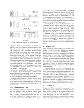 0
1
2
3
4
5
6
10 5 2 1
Responsetime
(seconds)
File size (MB)
RAID-6
F-MSR
(a) File upload
0
0.5
1
1.5
2
2.5
3
10 5 2 1
Responsetime
(seconds)
File size (MB)
RAID-6
F-MSR
(b) File download
0
1
2
3
4
5
6
7
10 5 2 1
Responsetime
(seconds)
File size (MB)
RAID-6 (code chunk repair)
RAID-6 (native chunk repair)
F-MSR
(c) Repair
Figure 5: Response times of NCCloud on Azure.
Figure 3 shows the response times of all three op-
erations (with 95% conﬁdence intervals plotted), and
Figure 4 shows ﬁve key constituents of the response
time when dealing with a 500MB ﬁle. Figure 3 shows
that RAID-6 has less response time in ﬁle upload and
download. With the help of Figure 4, we pinpoint the
overhead of F-MSR over RAID-6. Due to having the
same MDS property, RAID-6 and F-MSR exhibit similar
data transfer time during upload/download. However, F-
MSR displays a noticeable encoding/decoding overhead
over RAID-6. When uploading a 500MB ﬁle, RAID-6
takes 1.490s to encode while F-MSR takes 5.365s; when
downloading a 500MB ﬁle, no decoding is needed in the
case of RAID-6 as the native chunks are available, but
F-MSR takes 2.594s to decode.
On the other hand, F-MSR has slightly less response
time in repair. The main advantage of F-MSR is that it
needs to download less data during repair. In repairing
a 500MB ﬁle, F-MSR spends 3.887s in download, while
the native-chunk repair of RAID-6 spends 4.832s.
Although RAID-6 generally has less response time
than F-MSR in a local cloud environment, we expect that
the encoding/decoding overhead of F-MSR can be easily
masked by network ﬂuctuations over the Internet, as will
be shown next.
5.2.2 On a Commercial Cloud
The following experiment is carried out on a machine
with Intel Xeon E5530 and 16GB RAM running 64-bit
Ubuntu 9.10. We repeat the three operations in Sec-
tion 5.2.1 on four randomly generated ﬁles from 1MB to
10MB atop Windows Azure Storage. On Azure, we cre-
ate (n+1) = 5 containers to mimic different cloud repos-
itories. The same operation for both RAID-6 and F-MSR
are run interleaved to lessen the effect of network ﬂuctu-
ation on the comparison due to different times of the day.
Figure 5 shows the results for different ﬁle sizes with
95% conﬁdence intervals plotted. Note that although we
have used only Azure in this experiment, actual usage of
NCCloud should stripe data over different vendors and
locations for better availability guarantees.
From Figure 5, we do not see distinct response time
differences between RAID-6 and F-MSR in all opera-
tions. Furthermore, on the same machine, F-MSR takes
around 0.150s to encode and 0.064s to decode a 10MB
ﬁle (not shown in the ﬁgures). These constitute roughly
3% of the total upload and download times (4.962s and
2.240s respectively). Given that the 95% conﬁdence in-
tervals for the upload and download times are 0.550s
and 0.438s respectively, network ﬂuctuation plays a big-
ger role in determining the response time. Overall, we
demonstrate that F-MSR does not have signiﬁcant per-
formance overhead over our baseline RAID-6 implemen-
tation.
6 Related Work
There are several systems proposed for multiple-cloud
storage. HAIL [5] provides integrity and availabil-
ity guarantees for stored data. DEPSKY [4] addresses
Byzantine Fault Tolerance by combining encryption and
erasure coding for stored data. RACS [1] uses erasure
coding to mitigate vendor lock-ins when switching cloud
vendors. It retrieves data from the cloud that is about
to be failed and moves the data to the new cloud. Un-
like RACS, NCCloud excludes the failed cloud in repair.
All the above systems are based on erasure codes, while
NCCloud considers regenerating codes with an emphasis
on storage repair.
Regenerating codes (see survey [9]) exploit the opti-
mal trade-off between storage cost and repair trafﬁc. Ex-
isting studies mainly focus on theoretical analysis. Sev-
eral studies (e.g., [10, 13, 19]) empirically evaluate ran-
dom linear codes for peer-to-peer storage. However,
their evaluations are mainly based on simulations. NCFS
[17] implements regenerating codes, but does not con-
sider MSR codes that are based on linear combinations.
Here, we consider the F-MSR implementation, and per-
form empirical experiments in multiple-cloud storage.
7 Conclusions
We present NCCloud, a multiple-cloud storage ﬁle sys-
tem that practically addresses the reliability of today’s
cloud storage. NCCloud not only achieves fault tolerance
of storage, but also allows cost-effective repair when a
cloud permanently fails. NCCloud implements a practi-
cal version of the functional minimum storage regenerat-
ing code (F-MSR), which regenerates new chunks during
 