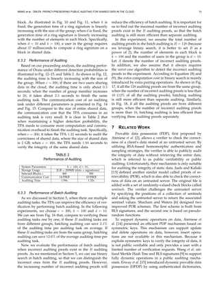 WANG et al.: ORUTA: PRIVACY-PRESERVING PUBLIC AUDITING FOR SHARED DATA IN THE CLOUD 13
block. As illustrated in Fig. 10 and Fig. 11, when k is
ﬁxed, the generation time of a ring signature is linearly
increasing with the size of the group; when d is ﬁxed, the
generation time of a ring signature is linearly increasing
with the number of elements in each block. Speciﬁcally,
when d = 10 and k = 100, a user in the group requires
about 37 milliseconds to compute a ring signature on a
block in shared data.
6.3.2 Performance of Auditing
Based on our proceeding analysis, the auditing perfor-
mance of Oruta under different detection probabilities is
illustrated in Fig. 12–15, and Table 2. As shown in Fig. 12,
the auditing time is linearly increasing with the size of
the group. When c = 300, if there are two users sharing
data in the cloud, the auditing time is only about 0.5
seconds; when the number of group member increases
to 20, it takes about 2.5 seconds to ﬁnish the same
auditing task. The communication cost of an auditing
task under different parameters is presented in Fig. 14
and Fig. 15. Compare to the size of entire shared data,
the communication cost that the TPA consumes in an
auditing task is very small. It is clear in Table 2 that
when maintaining a higher detection probability, the
TPA needs to consume more computation and commu-
nication overhead to ﬁnish the auditing task. Speciﬁcally,
when c = 300, it takes the TPA 1.32 seconds to audit the
correctness of shared data, where the size of shared data
is 2 GB; when c = 460, the TPA needs 1.94 seconds to
verify the integrity of the same shared data.
TABLE 2
Performance of Auditing
System Parameters k = 100, d = 10,
Storage Usage 2GB + 200MB (data + signatures)
Selected Blocks c 460 300
Communication Cost 14.55KB 10.95KB
Auditing Time 1.94s 1.32s
6.3.3 Performance of Batch Auditing
As we discussed in Section 5, when there are multiple
auditing tasks, the TPA can improve the efﬁciency of ver-
iﬁcation by performing batch auditing. In the following
experiments, we choose c = 300, k = 100 and d = 10.
We can see from Fig. 16 that, compare to verifying these
auditing tasks one by one, if these B auditing tasks are
from different groups, batching auditing can save 2.1%
of the auditing time per auditing task on average. If
these B auditing tasks are from the same group, batching
auditing can save 12.6% of the average auditing time per
auditing task.
Now we evaluate the performance of batch auditing
when incorrect auditing proofs exist in the B auditing
proofs. As we mentioned in Section 5, we can use binary
search in batch auditing, so that we can distinguish the
incorrect ones from the B auditing proofs. However,
the increasing number of incorrect auditing proofs will
reduce the efﬁciency of batch auditing. It is important for
us to ﬁnd out the maximal number of incorrect auditing
proofs exist in the B auditing proofs, so that the batch
auditing is still more efﬁcient than separate auditing.
In this experiment, we assume the total number of
auditing proofs in the batch auditing is B = 128 (because
we leverage binary search, it is better to set B as a
power of 2), the number of elements in each block is
k = 100 and the number of users in the group is d = 10.
Let A denote the number of incorrect auditing proofs.
In addition, we also assume that it always requires
the worst-case algorithm to detect the incorrect auditing
proofs in the experiment. According to Equation (8) and
(9), the extra computation cost in binary search is mainly
introduced by extra pairing operations. As shown in Fig.
17, if all the 128 auditing proofs are from the same group,
when the number of incorrect auditing proofs is less than
16 (12% of all the auditing proofs), batching auditing
is still more efﬁcient than separate auditing. Similarly,
in Fig. 18, if all the auditing proofs are from different
groups, when the number of incorrect auditing proofs
is more than 16, batching auditing is less efﬁcient than
verifying these auditing proofs separately.
7 RELATED WORK
Provable data possession (PDP), ﬁrst proposed by
Ateniese et al. [2], allows a veriﬁer to check the correct-
ness of a client’s data stored at an untrusted server. By
utilizing RSA-based homomorphic authenticators and
sampling strategies, the veriﬁer is able to publicly audit
the integrity of data without retrieving the entire data,
which is referred to as public veriﬁability or public
auditing. Unfortunately, their mechanism is only suitable
for auditing the integrity of static data. Juels and Kaliski
[13] deﬁned another similar model called proofs of re-
trievability (POR), which is also able to check the correct-
ness of data on an untrusted server. The original ﬁle is
added with a set of randomly-valued check blocks called
sentinels. The veriﬁer challenges the untrusted server
by specifying the positions of a collection of sentinels
and asking the untrusted server to return the associated
sentinel values. Shacham and Waters [6] designed two
improved POR schemes. The ﬁrst scheme is built from
BLS signatures, and the second one is based on pseudo-
random functions.
To support dynamic operations on data, Ateniese et
al. [14] presented an efﬁcient PDP mechanism based on
symmetric keys. This mechanism can support update
and delete operations on data, however, insert opera-
tions are not available in this mechanism. Because it
exploits symmetric keys to verify the integrity of data, it
is not public veriﬁable and only provides a user with a
limited number of veriﬁcation requests. Wang et al. uti-
lized Merkle Hash Tree and BLS signatures [9] to support
fully dynamic operations in a public auditing mecha-
nism. Erway et al. [15] introduced dynamic provable data
possession (DPDP) by using authenticated dictionaries,
 