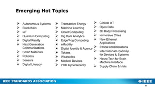 Emerging Hot Topics
21
 Autonomous Systems
 Blockchain
 IoT
 Quantum Computing
 Digital Reality
 Next Generation
Communications
 Smart Materials
 Robotics
 Sensors
 Digital Literacy
 Clinical IoT
 Open Data
 3D Body Processing
 Immersive Cities
 New Ethernet
Applications
 Ethical considerations
 International Roadmap
for Devices & Systems
 Neuro Tech for Brain
Machine Interface
 Supply Chain & trials
 Transactive Energy
 Machine Learning
 Cloud Computing
 Big Data Analytics
 Edge/Fog Computing
 eMobility
 Digital Identity & Agency
 Tokens
 Wearables
 Medical Devices
 PHD Cybersecurity
 
