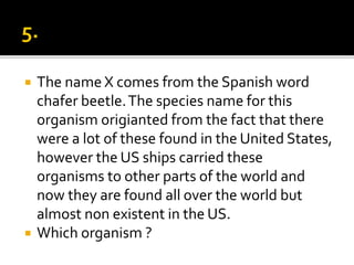  The name X comes from the Spanish word
chafer beetle.The species name for this
organism origianted from the fact that there
were a lot of these found in the United States,
however the US ships carried these
organisms to other parts of the world and
now they are found all over the world but
almost non existent in the US.
 Which organism ?
 