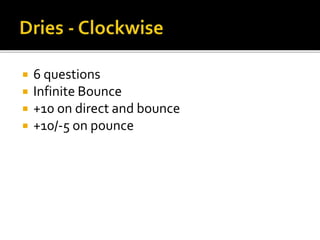  6 questions
 Infinite Bounce
 +10 on direct and bounce
 +10/-5 on pounce
 