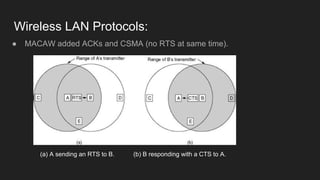 Wireless LAN Protocols:
● MACAW added ACKs and CSMA (no RTS at same time).
(a) A sending an RTS to B. (b) B responding with a CTS to A.
 