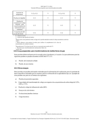 IEEE Std C57.13-2016
EstándarIEEE para requisitos para transformadoresde medida
23
Derechos de autor© 2016 IEEE. Todos los derechosreservados.
Uso autorizado con licencia limitado a: Virginia Transformer Corp. Descargó en Septiembre 09,2016 a las 12:25:36 UTC De IEEE Xplore. Restricciones aplicar.
Aumento de
temperatura
11.2 y 12.2 T 11.2 y 13.2 T
Pruebas de impulso 11.3 T 11.3 T
Pruebas de
resistencia al voltaje
húmedo – para
transformadoresde
instrumentos para
exteriores
11.5 T 11.5 T
Comprobación del
escudo de tierra
11.6 T 11.6 T
R – Prueba de rutina
T – Prueba de tipo (prueba de diseño)
un
Puede usarse como prueba de rutina en lugar de la prueba inducida cuando el voltaje secundario excede los
1200 V.
b Puede utilizarse como prueba de rutina para verificar el cumplimiento de la clase de
retransmisión a la corriente nominal.
c
Requerido para CT de clase de relé. Esto no es necesario para medir solo CT.
d Necesario para transformadores de instrumentos llenos de
aceite y gas.
4.8.2 Ensayosespeciales para transformadores de medida llenos de gas
Estas pruebas debenrealizarse previoacuerdo entre el productor y el usuario. Los procedimientospara las
siguientes pruebas se puedenencontrar en IEEE Std C57.13.5:
a) Prueba del sistemade sellado
b) Prueba de arcointerno
4.8.3 Otros ensayos
Otras pruebassonpruebasadicionales realizadasparala información de la aplicación, parael suministrode
datos específicos solicitados por los usuarios, parala verificación de la capacidadde tipo, etc. Ejemplos de
otras pruebas son, pero no se limitana las siguientes:
a) Pruebas de precisiónespeciales
b) Capacidadesdeltransformadordevoltajeconrespectoalascaracterísticasdesobrevoltajedel125%,
140% y 173%
c) Prueba de voltaje de influenciade radio (RIV)
d) Ensayos de ciclotérmico
e) Evaluaciones/pruebas sísmicas
f) Carga mecánica
 