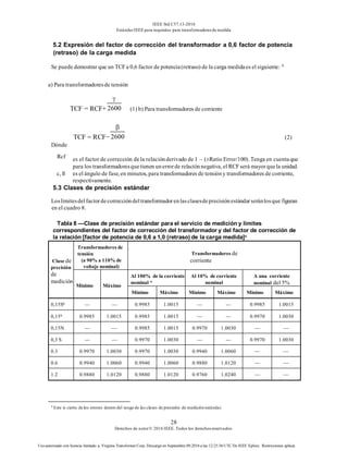 IEEE Std C57.13-2016
EstándarIEEE para requisitos para transformadoresde medida
28
Derechos de autor© 2016 IEEE. Todos los derechosreservados.
Uso autorizado con licencia limitado a: Virginia Transformer Corp. Descargó en Septiembre 09,2016 a las 12:25:36 UTC De IEEE Xplore. Restricciones aplicar.
5.2 Expresión del factor de corrección del transformador a 0,6 factor de potencia
(retraso) de la carga medida
Se puede demostrar que un TCFa 0,6 factor de potencia(retraso) de la carga medidaes el siguiente: 9
a) Para transformadoresde tensión
TCF = RCF+ (1) b) Para transformadores de corriente
TCF = RCF− (2)
Dónde
Rcf es el factor de corrección dela relaciónderivado de 1 – (±Ratio Error/100). Tenga en cuentaque
para los transformadoresquetienen unerrorde relaciónnegativa, el RCFserá mayorquela unidad.
c, ß es el ángulo de fase, en minutos, para transformadores de tensióny transformadores de corriente,
respectivamente.
5.3 Clases de precisión estándar
Loslímitesdelfactordecorreccióndeltransformadorenlasclasesdeprecisiónestándarseránlosque figuran
en el cuadro 8.
Tabla 8 —Clase de precisión estándar para el servicio de medición y límites
correspondientes del factor de corrección del transformador y del factor de corrección de
la relación [factor de potencia de 0,6 a 1,0 (retraso) de la carga medida]c
Clase de
precisión
de
medición
Transformadores de
tensión
(a 90% a 110% de
voltaje nominal)
Transformadores de
corriente
Mínimo Máximo
Al 100% de la corriente
nominal a
Al 10% de corriente
nominal
A una corriente
nominal del 5%
Mínimo Máximo Mínimo Máximo Mínimo Máximo
0,15Sb — — 0.9985 1.0015 — — 0.9985 1.0015
0,15b 0.9985 1.0015 0.9985 1.0015 — — 0.9970 1.0030
0,15N — — 0.9985 1.0015 0.9970 1.0030 — —
0,3 S — — 0.9970 1.0030 — — 0.9970 1.0030
0.3 0.9970 1.0030 0.9970 1.0030 0.9940 1.0060 — —
0.6 0.9940 1.0060 0.9940 1.0060 0.9880 1.0120 — —
1.2 0.9880 1.0120 0.9880 1.0120 0.9760 1.0240 — —
9
Este is cierto de los errores dentro del rango de las clases de precisión de medición estándar.
 