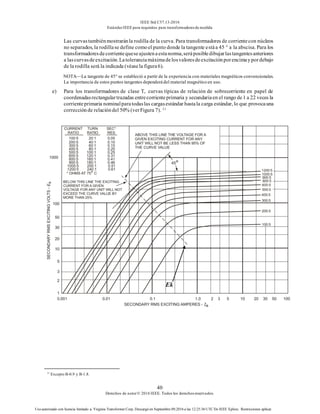 IEEE Std C57.13-2016
EstándarIEEE para requisitos para transformadoresde medida
40
Derechos de autor© 2016 IEEE. Todos los derechosreservados.
Uso autorizado con licencia limitado a: Virginia Transformer Corp. Descargó en Septiembre 09,2016 a las 12:25:36 UTC De IEEE Xplore. Restricciones aplicar.
Las curvastambiénmostraránla rodilla de la curva. Para transformadores de corrientecon núcleos
no separados, la rodillase define comoel punto donde la tangente estáa 45 ° a la abscisa. Para los
transformadoresdecorrientequeseajustenaestanorma,seráposibledibujarlastangentesanteriores
a lascurvasdeexcitación.Latoleranciamáximadelosvaloresdeexcitaciónporencimaypordebajo
de la rodilla será la indicada (véasela figura6).
NOTA—La tangente de 45° se estableció a partir de la experiencia con materiales magnéticos convencionales.
La importancia de estos puntos tangentes dependerá del material magnético en uso.
e) Para los transformadores de clase T, curvas típicas de relación de sobrecorriente en papel de
coordenadasrectangulartrazadas entrecorrienteprimaria y secundariaen el rango de1 a 22 veces la
corrienteprimaria nominalparatodaslas cargasestándar hastala carga estándar, lo que provocauna
correcciónde relacióndel 50% (verFigura 7). 11
11
Excepto B-0.9 y B-1.8.
 