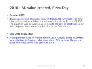 ~2010 : M. value created, Pizza Day
 October 2009
 Bitcoin receives an equivalent value in traditional currencies. The N...